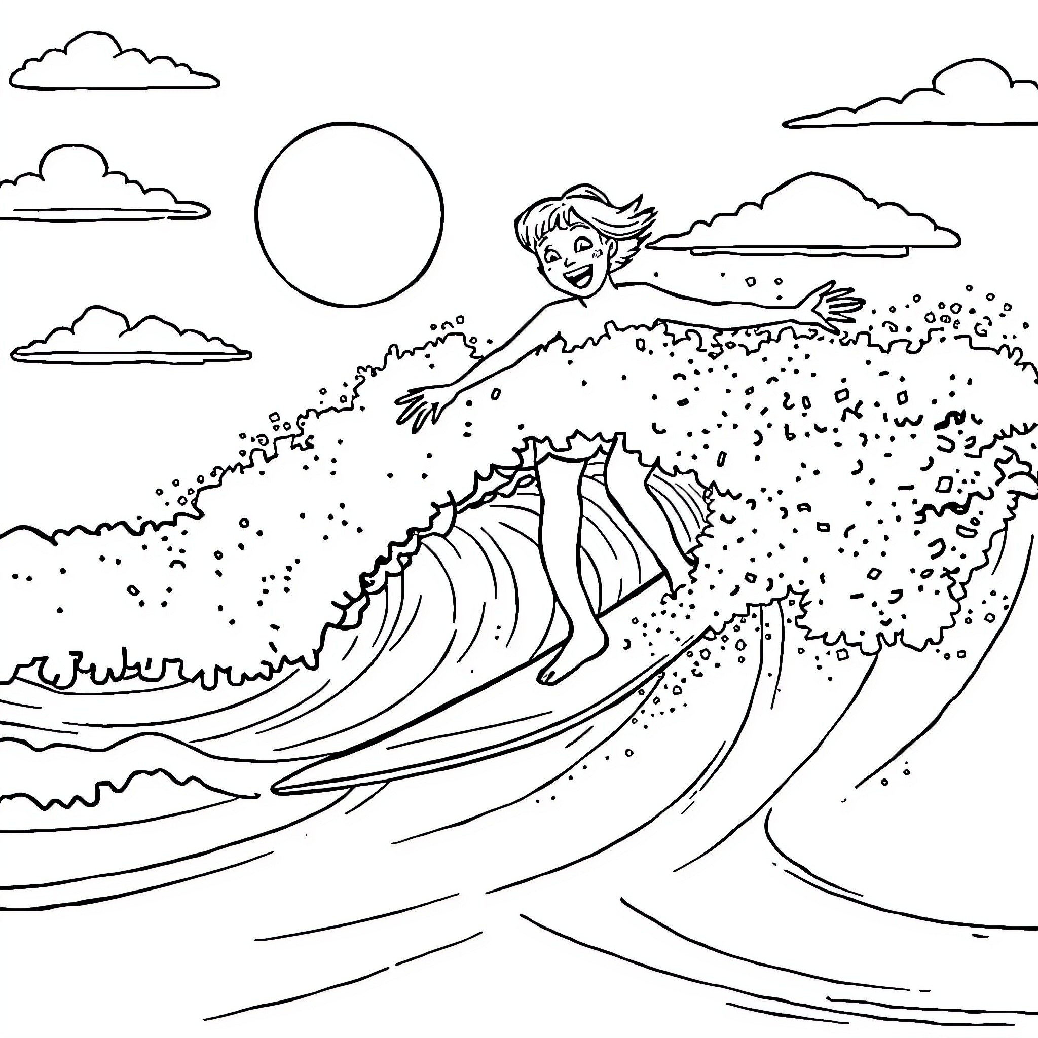 Hippopotamus Surfer Catches the Wave Coloring Page (free black-and-white line drawing printable PDF for all, from beginners to advanced learners, including children, teens, adults, and seniors)