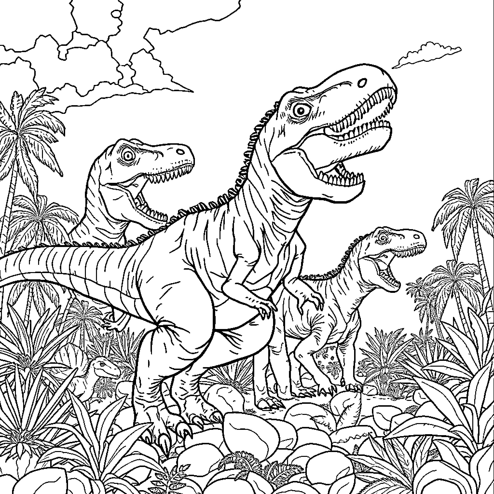 Dinosaurs roaming through the prehistoric landscape Coloring Page (free black-and-white line drawing printable PDF for all, from beginners to advanced learners, including children, teens, adults, and seniors)
