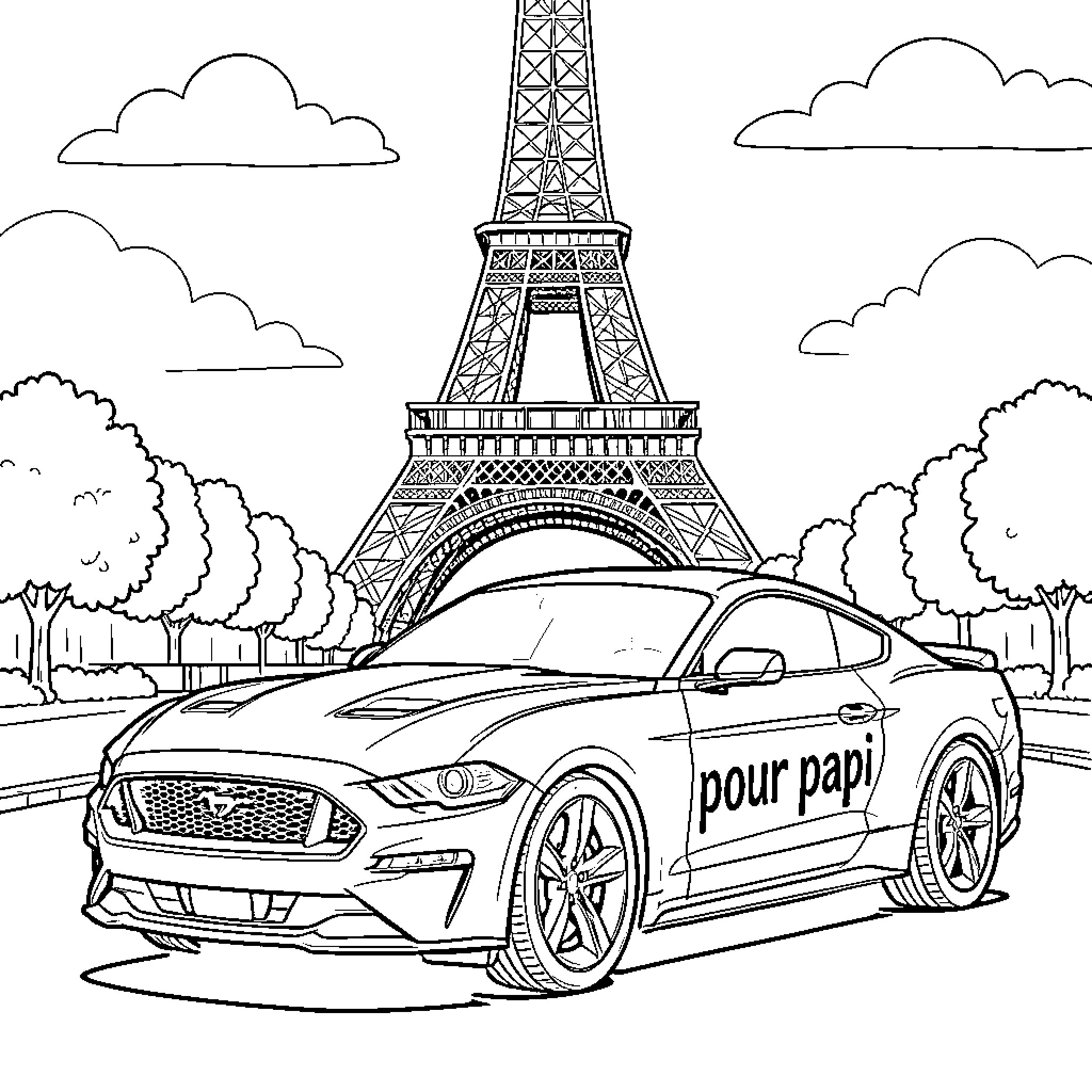 Ford Mustang parked in front of the Eiffel Tower Coloring Page (free black-and-white line drawing printable PDF for all, from beginners to advanced learners, including children, teens, adults, and seniors)