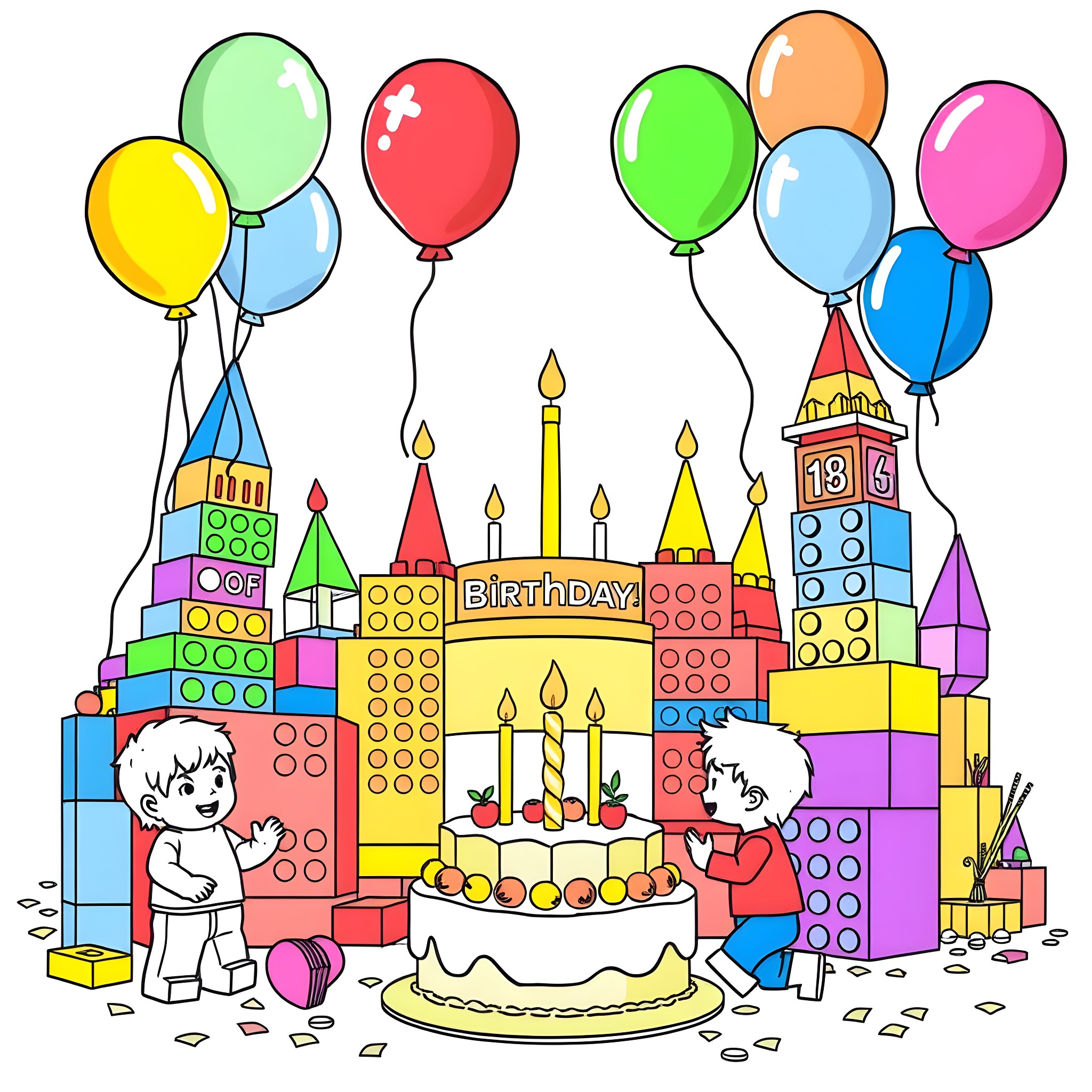 Lego Birthday Celebration with Colorful Balloons Coloring Page (free black-and-white line drawing printable PDF for all, from beginners to advanced learners, including children, teens, adults, and seniors)