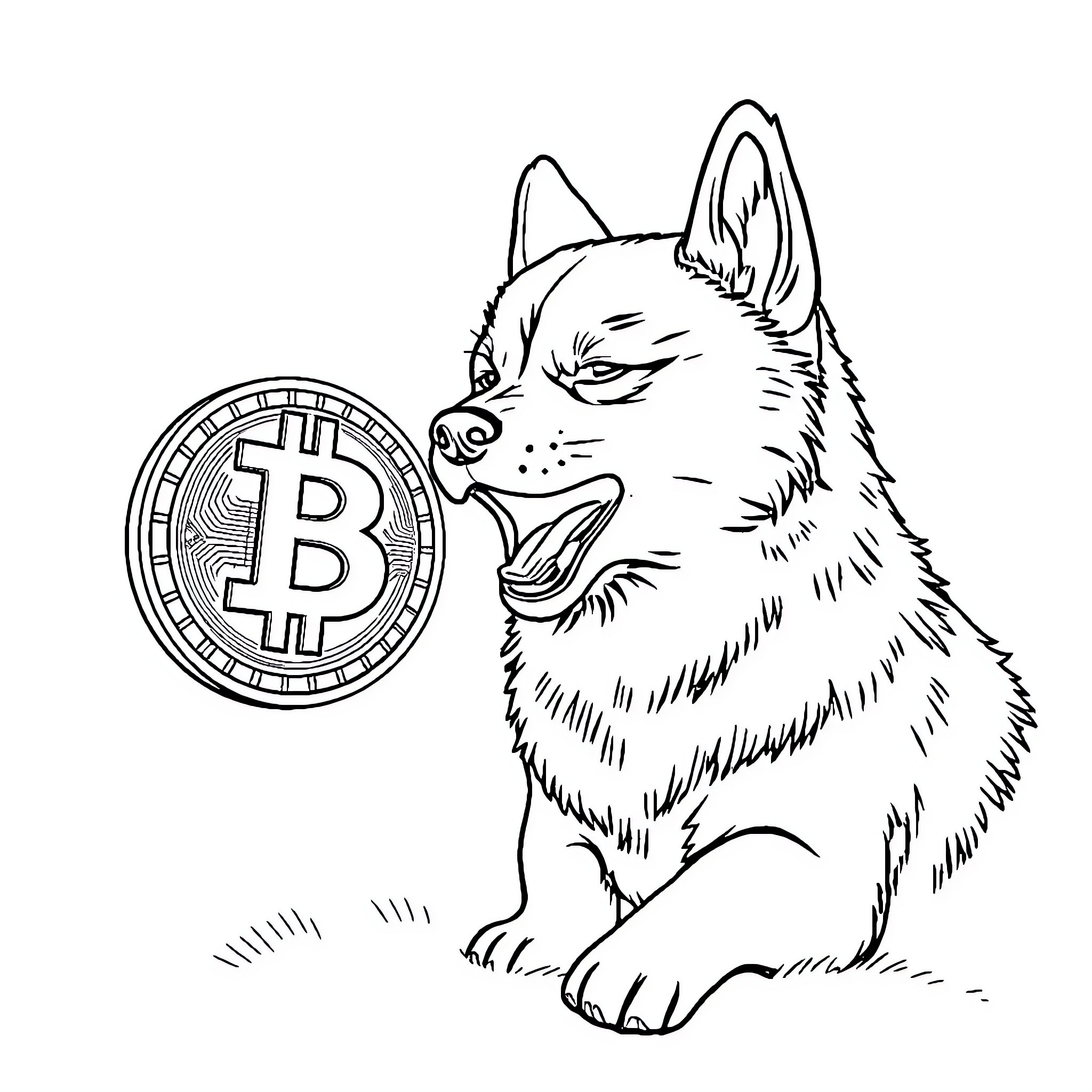 Shiba Inu with Bitcoin cryptocurrency Coloring Page (free black-and-white line drawing printable PDF for all, from beginners to advanced learners, including children, teens, adults, and seniors)
