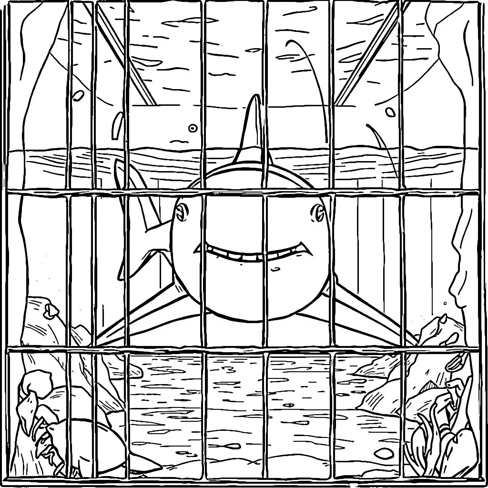 Shark trapped behind bars in an underwater scene Coloring Page (free black-and-white line drawing printable PDF for all, from beginners to advanced learners, including children, teens, adults, and seniors)