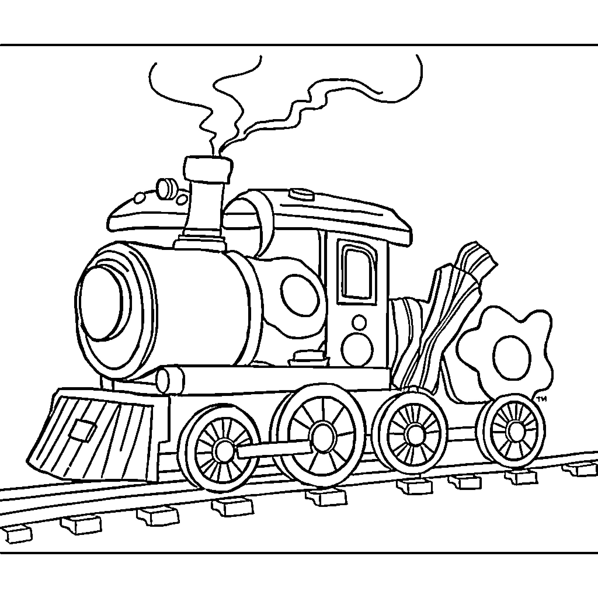 Train Carrying Cargo on the Tracks Coloring Page (free black-and-white line drawing printable PDF for all, from beginners to advanced learners, including children, teens, adults, and seniors)