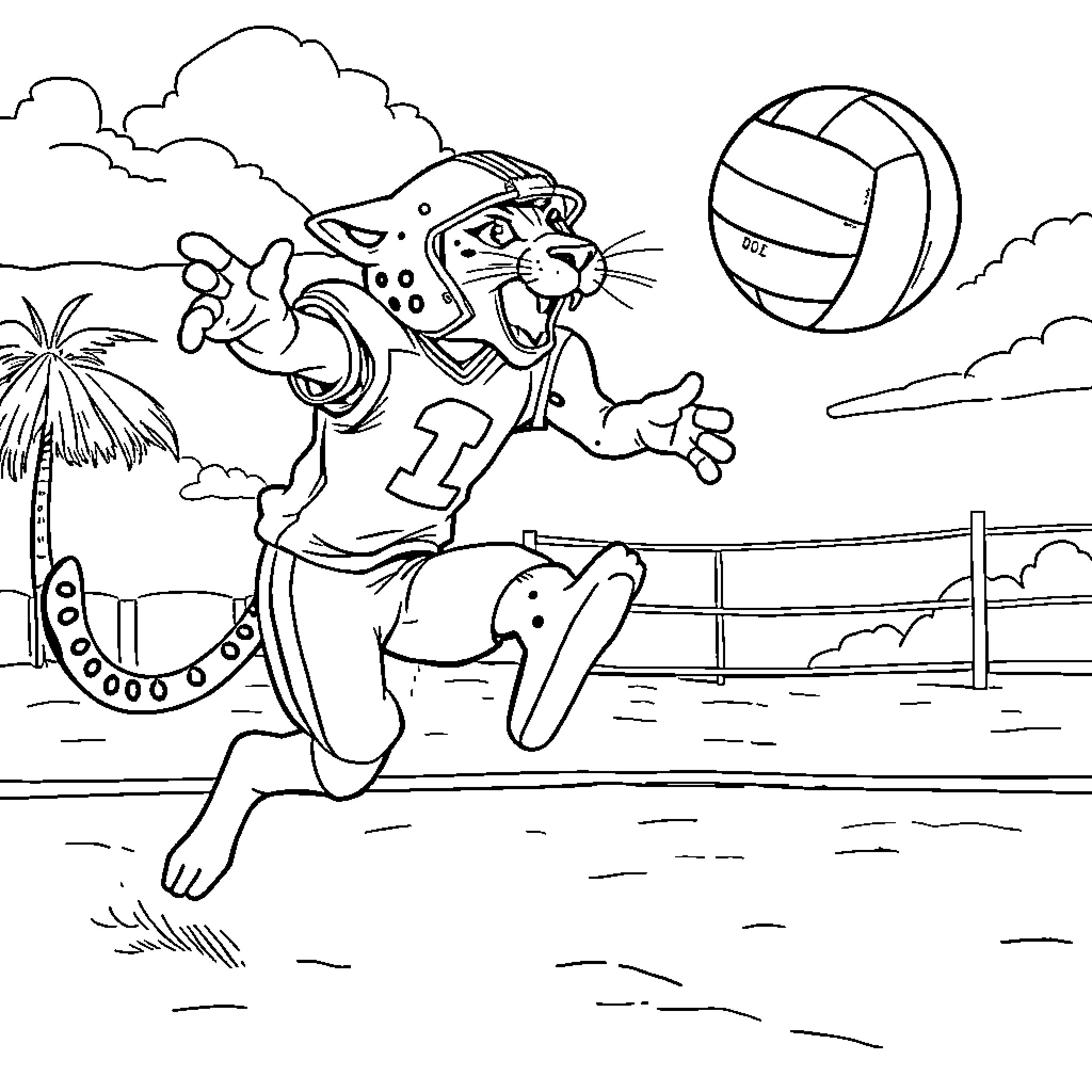 Cougar athlete spiking volleyball on the beach Coloring Page (free black-and-white line drawing printable PDF for all, from beginners to advanced learners, including children, teens, adults, and seniors)