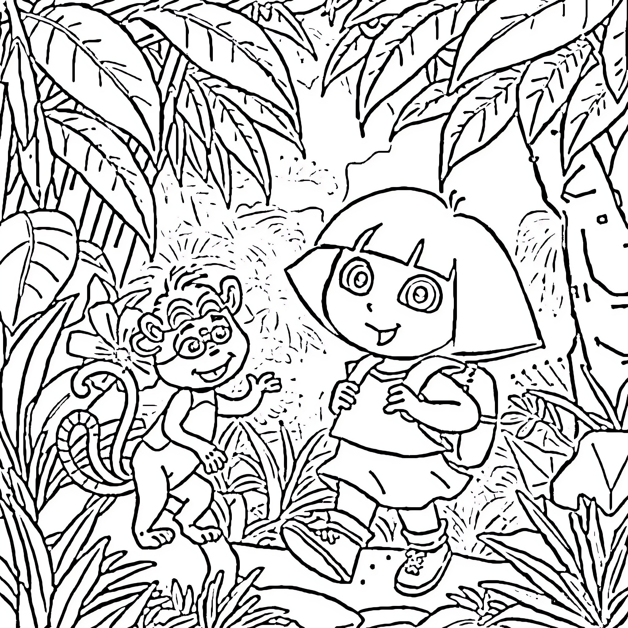 Dora exploring the jungle with Boots the Monkey Coloring Page (free black-and-white line drawing printable PDF for all, from beginners to advanced learners, including children, teens, adults, and seniors)