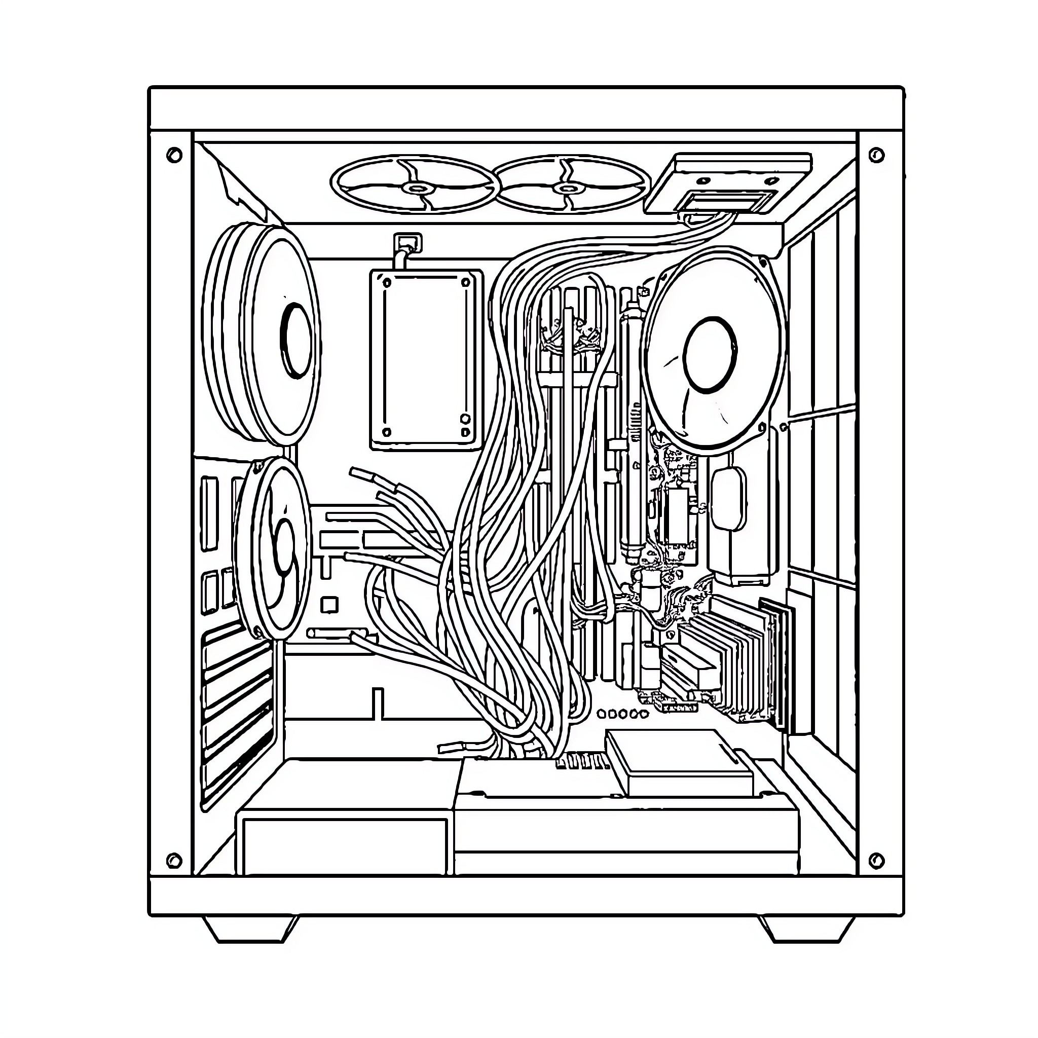 PC Components and Wiring in Open Case Coloring Page (free black-and-white line drawing printable PDF for all, from beginners to advanced learners, including children, teens, adults, and seniors)