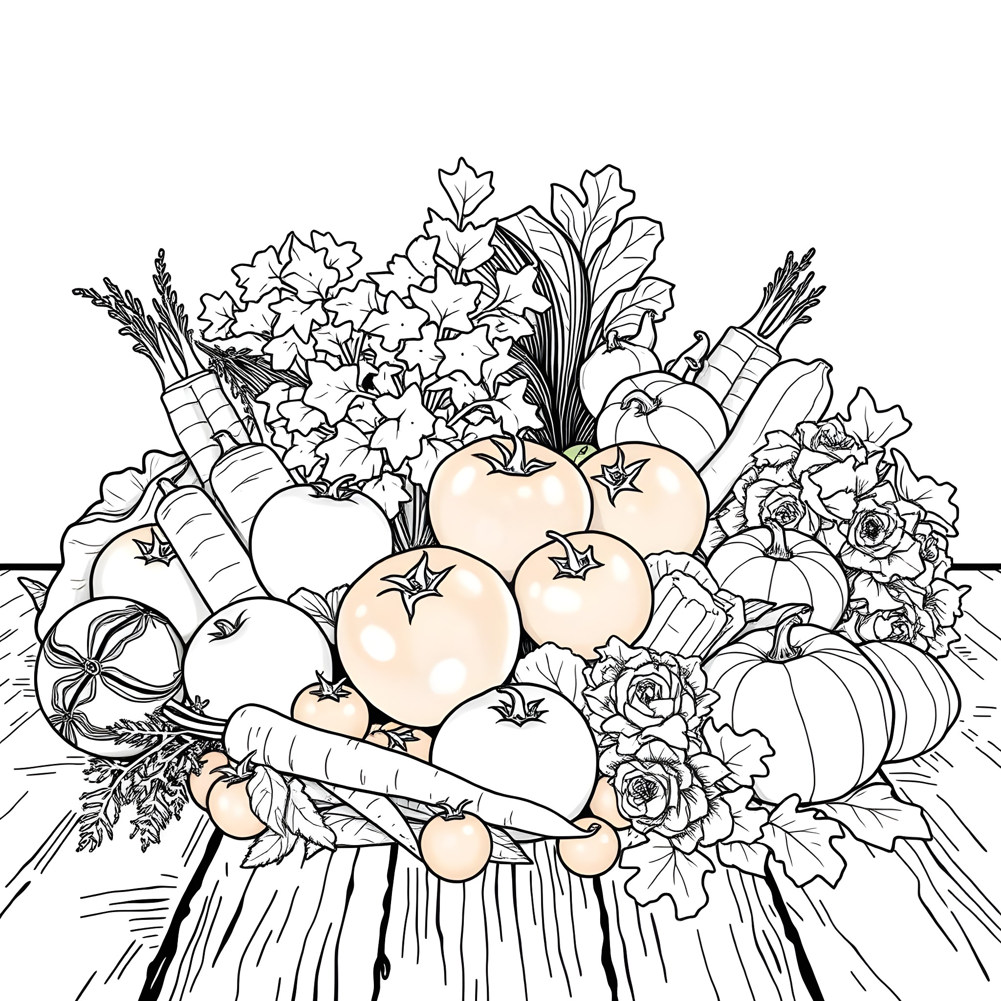 Fruit and Floral Abundance in Autumn Coloring Page (free black-and-white line drawing printable PDF for all, from beginners to advanced learners, including children, teens, adults, and seniors)