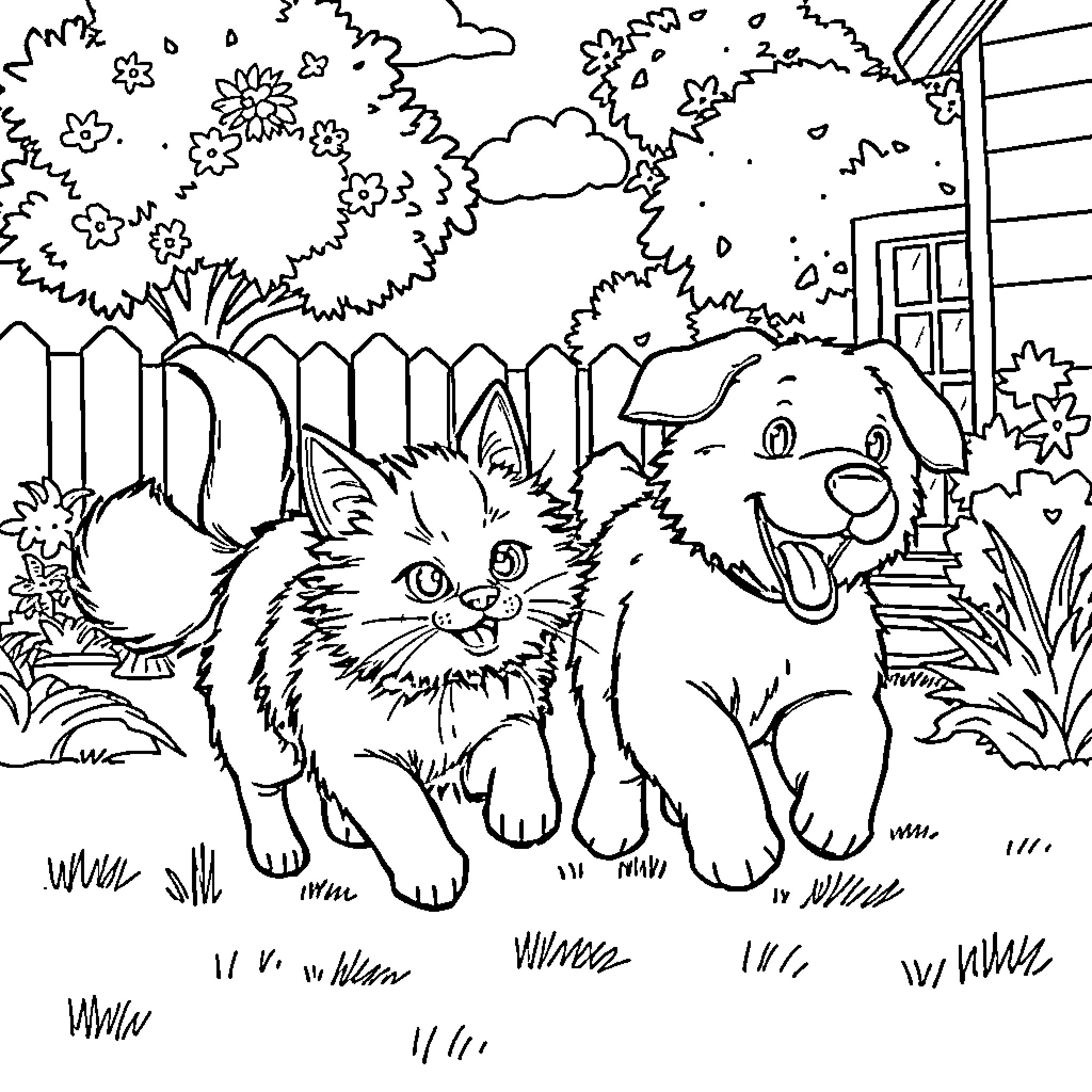 Cat and Dog in the Backyard Coloring Page (free black-and-white line drawing printable PDF for all, from beginners to advanced learners, including children, teens, adults, and seniors)