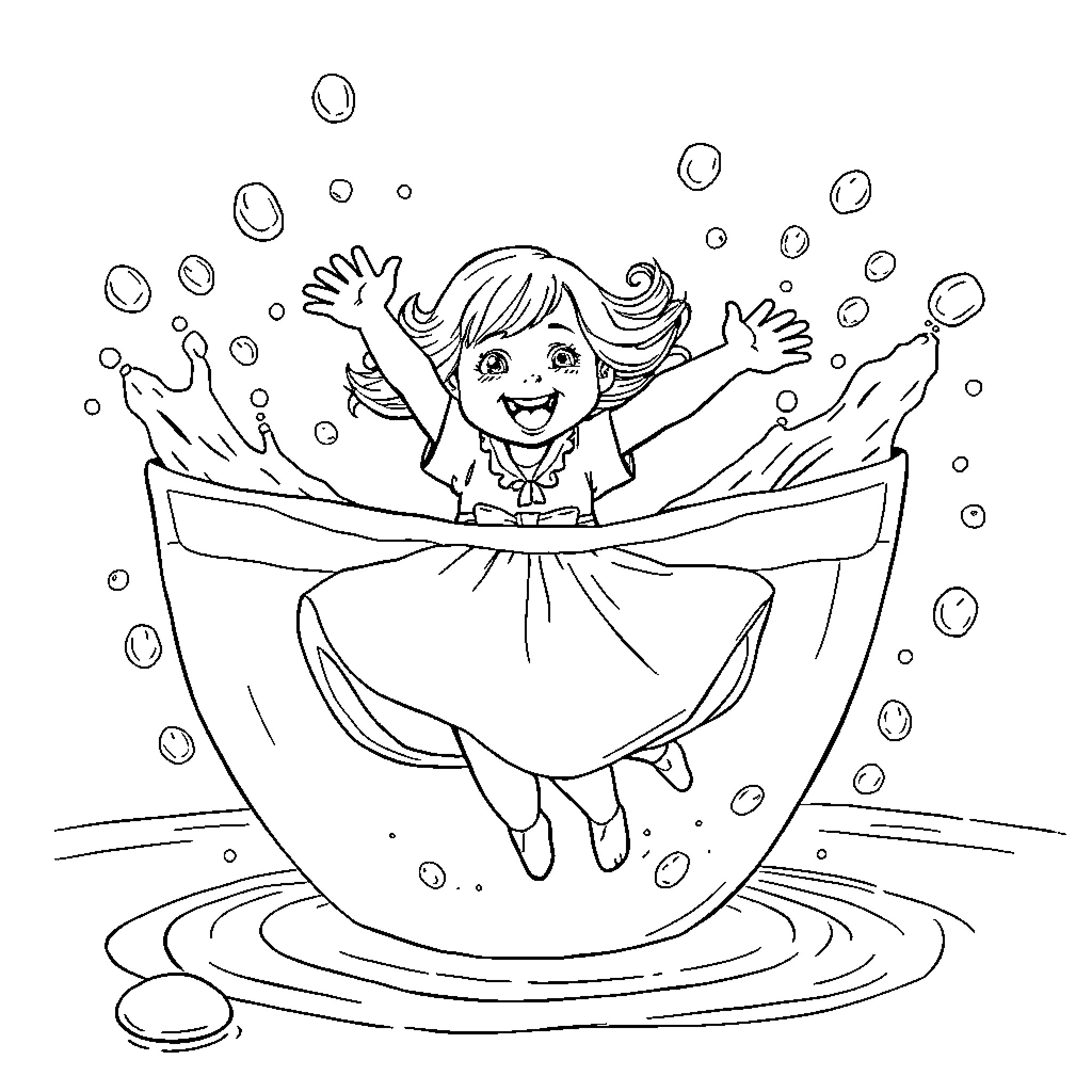 Girl joyfully splashing in a puddle Coloring Page (free black-and-white line drawing printable PDF for all, from beginners to advanced learners, including children, teens, adults, and seniors)