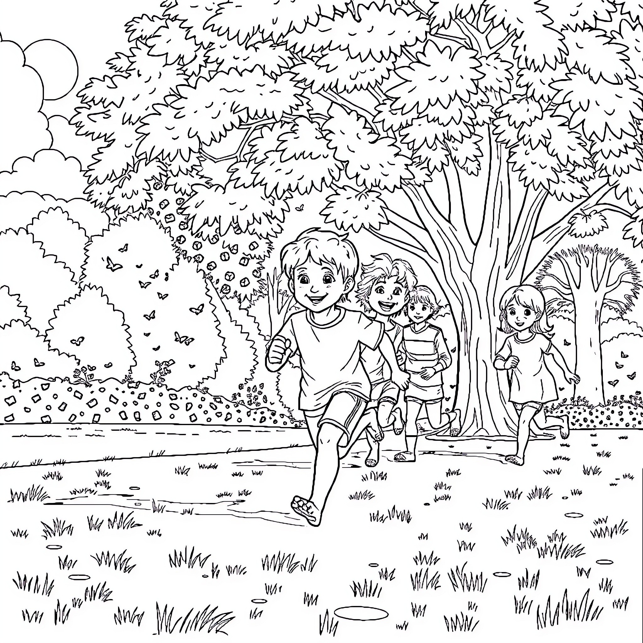 Boy and friends exploring the outdoor nature scene Coloring Page (free black-and-white line drawing printable PDF for all, from beginners to advanced learners, including children, teens, adults, and seniors)