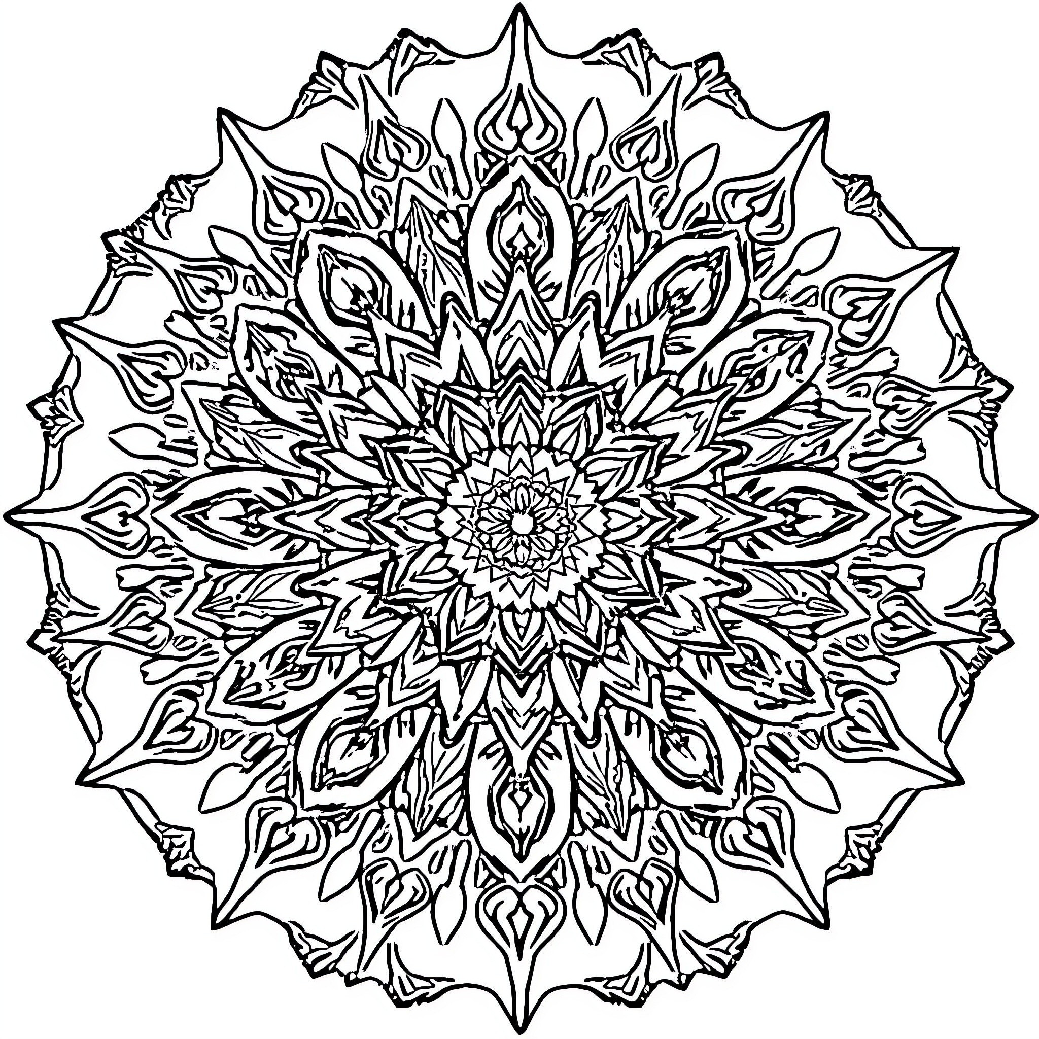 Sun Mandala with Intricate Floral Patterns Coloring Page (free black-and-white line drawing printable PDF for all, from beginners to advanced learners, including children, teens, adults, and seniors)