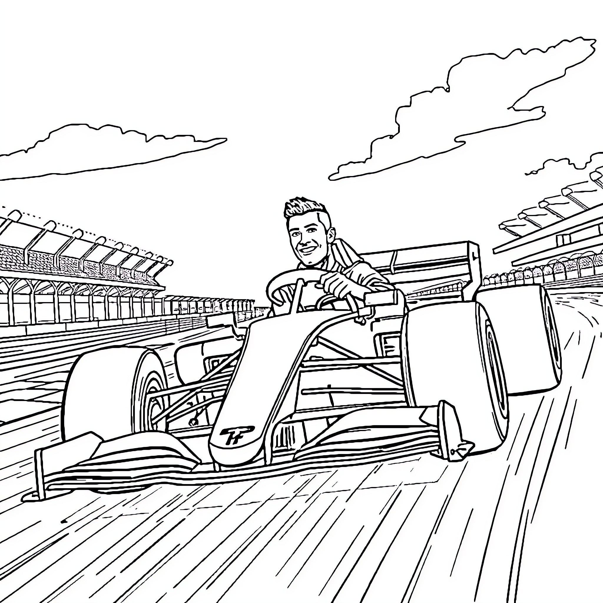 F1 Car racing on a racetrack with driver Coloring Page (free black-and-white line drawing printable PDF for all, from beginners to advanced learners, including children, teens, adults, and seniors)