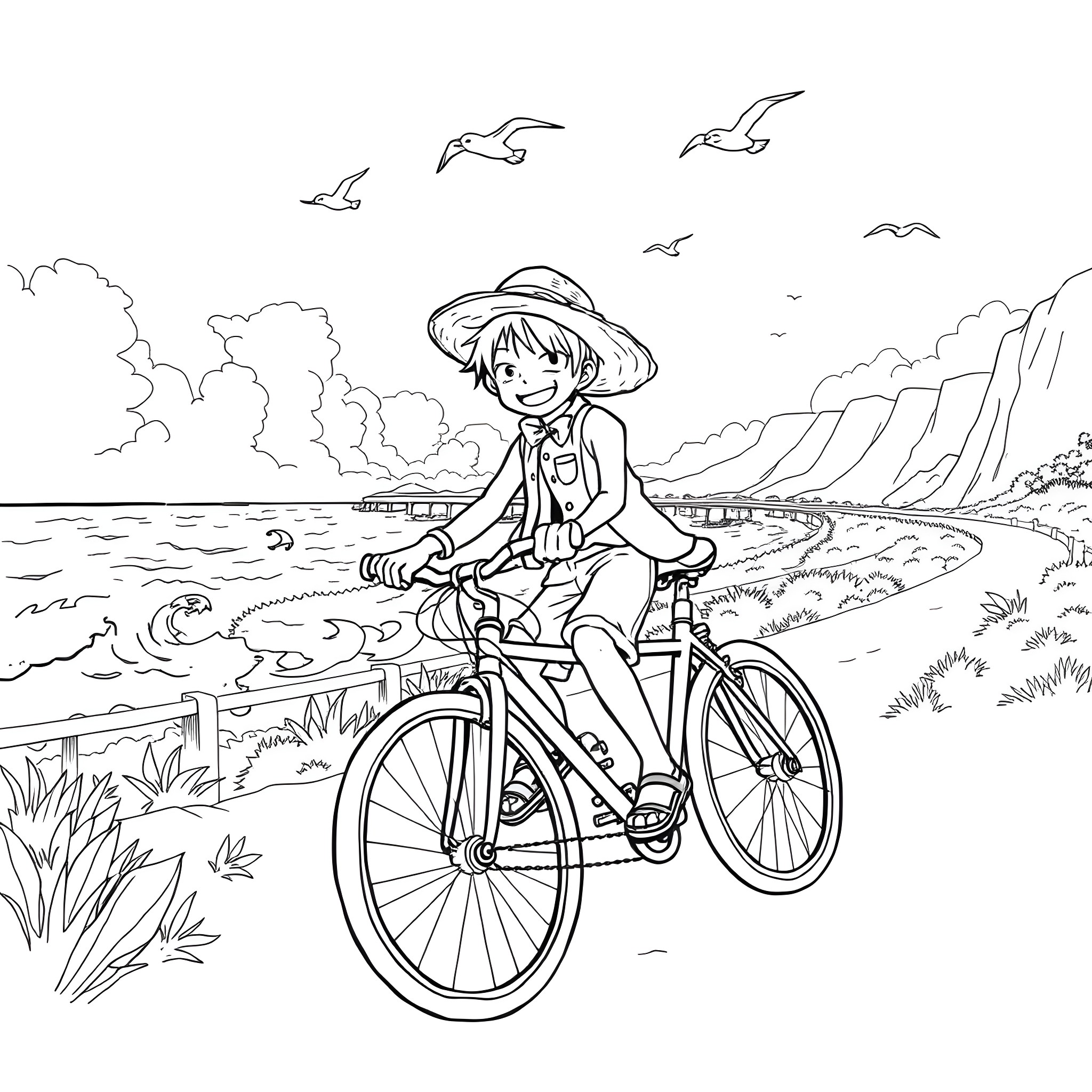 Monkey D Luffy riding a bicycle in a scenic landscape Coloring Page (free black-and-white line drawing printable PDF for all, from beginners to advanced learners, including children, teens, adults, and seniors)
