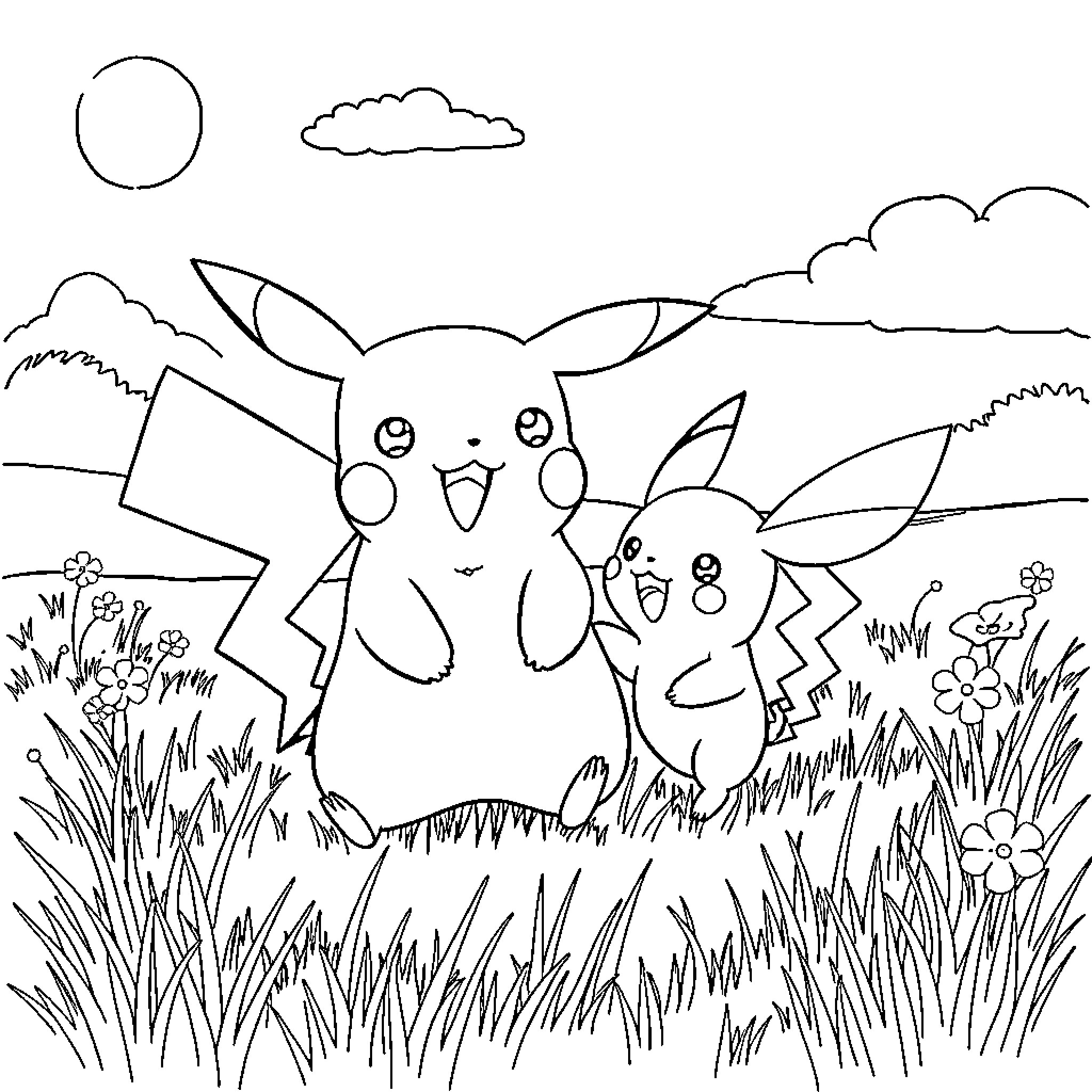 Pikachu playing cheerfully in a grassy meadow Coloring Page (free black-and-white line drawing printable PDF for all, from beginners to advanced learners, including children, teens, adults, and seniors)