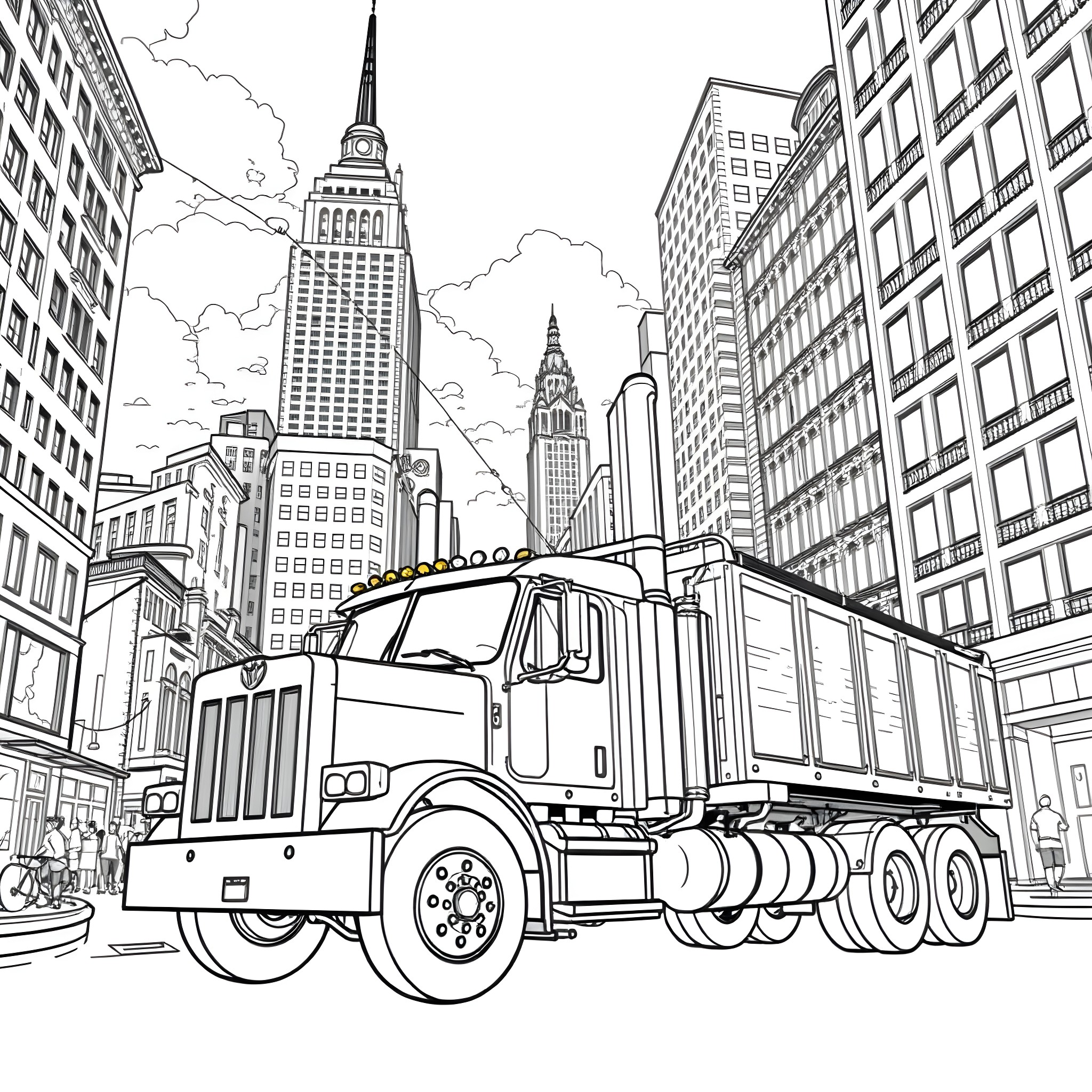 Truck delivering cargo in the big city Coloring Page (free black-and-white line drawing printable PDF for all, from beginners to advanced learners, including children, teens, adults, and seniors)