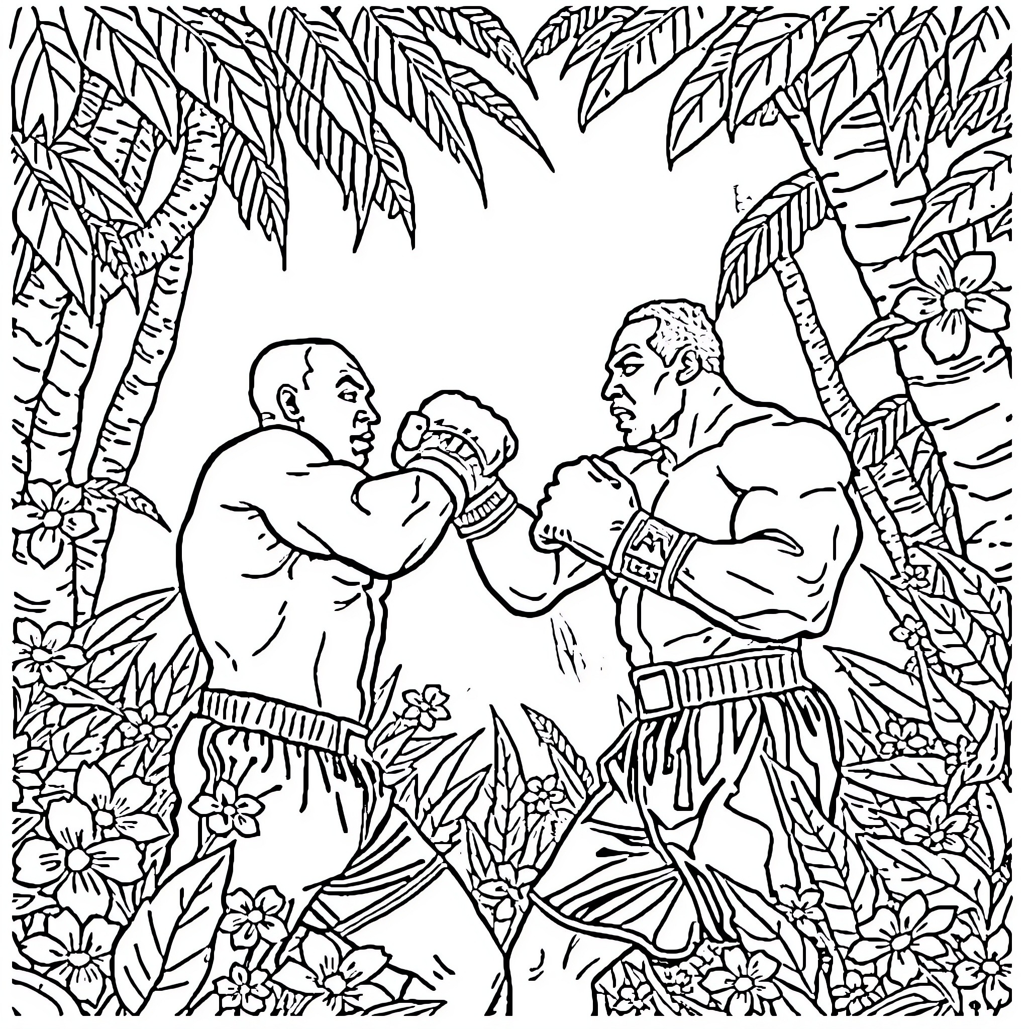 Boxing match between two men in tropical jungle setting Coloring Page (free black-and-white line drawing printable PDF for all, from beginners to advanced learners, including children, teens, adults, and seniors)