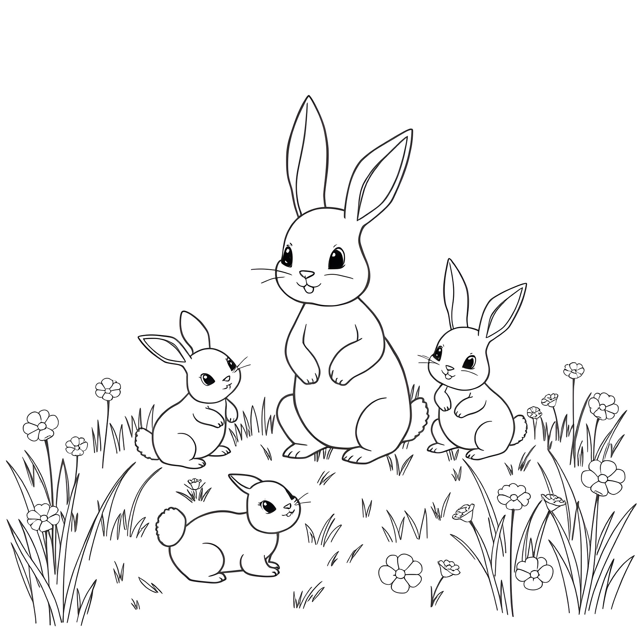 Bunny family playing in the meadow Coloring Page (free black-and-white line drawing printable PDF for all, from beginners to advanced learners, including children, teens, adults, and seniors)