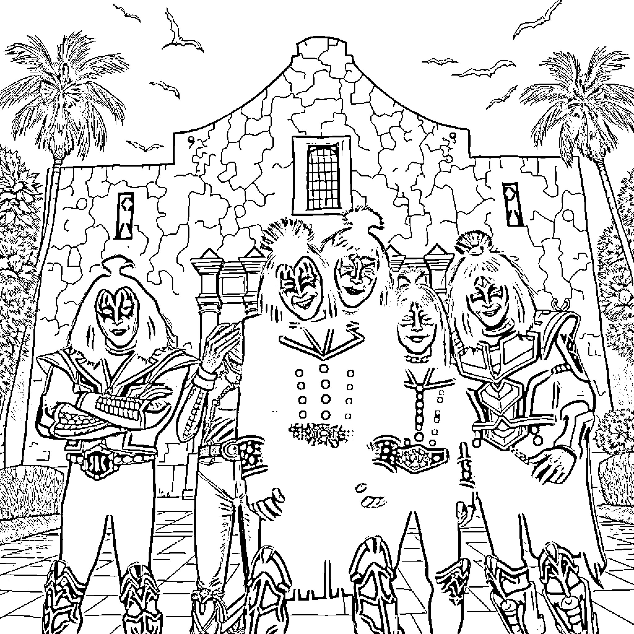 Kiss the Clowns Outside the Haunted House Coloring Page (free black-and-white line drawing printable PDF for all, from beginners to advanced learners, including children, teens, adults, and seniors)