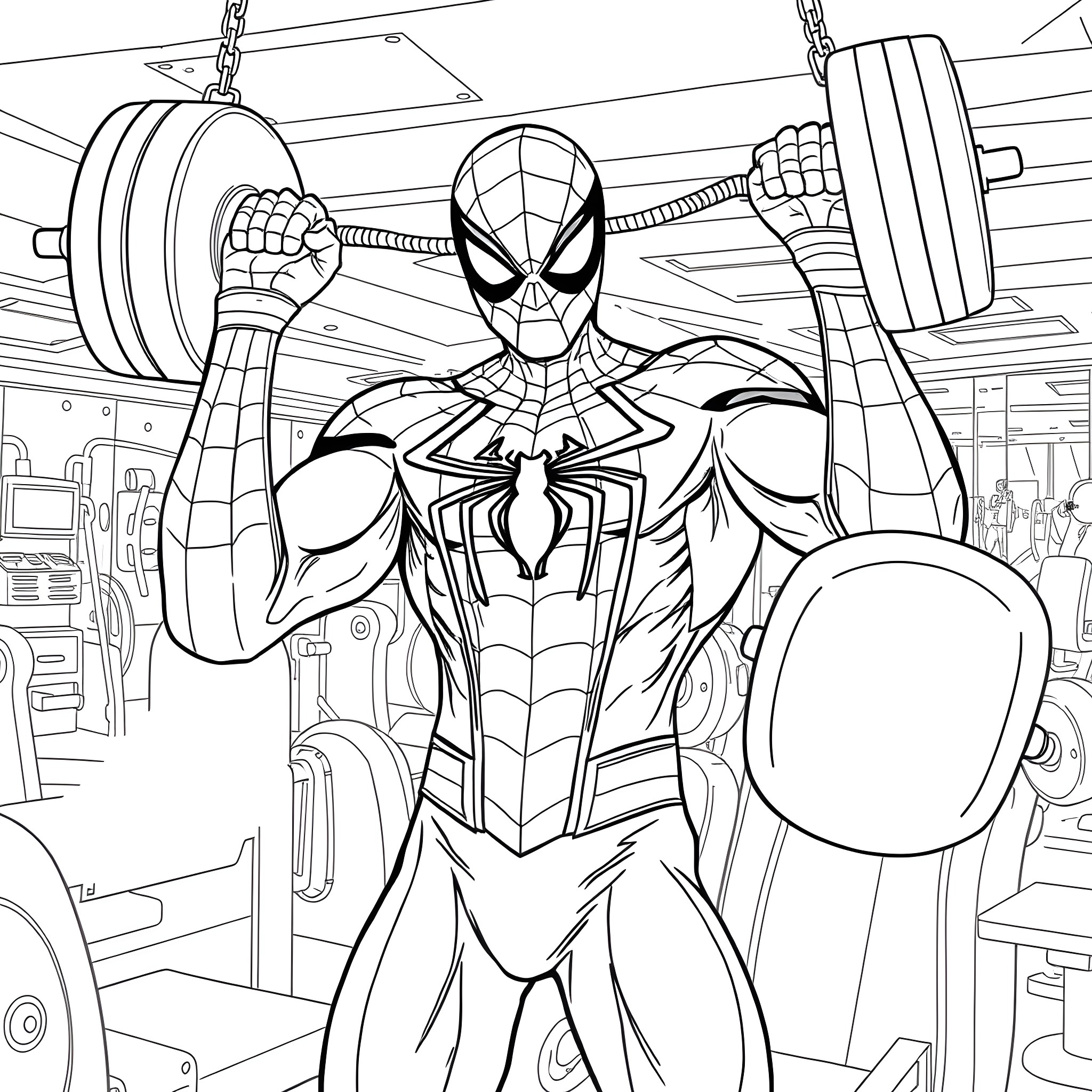 Spider-Man Lifting Weights in Workout Gym Coloring Page (free black-and-white line drawing printable PDF for all, from beginners to advanced learners, including children, teens, adults, and seniors)