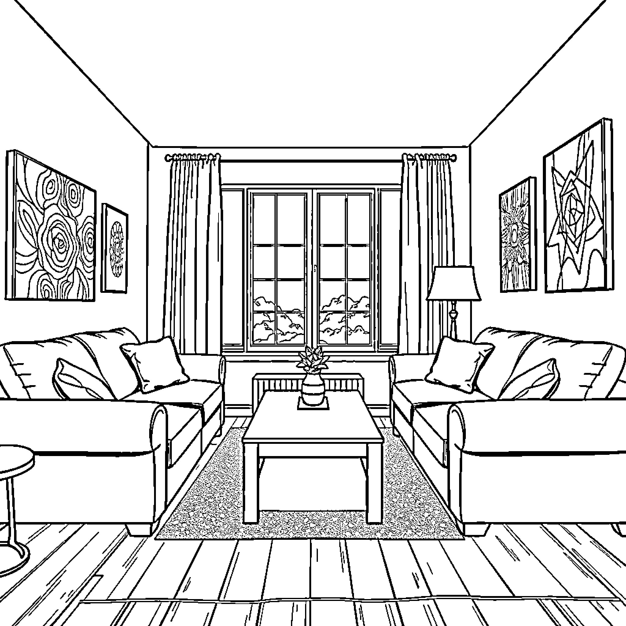 Lounge with cozy furnishings and modern artwork Coloring Page (free black-and-white line drawing printable PDF for all, from beginners to advanced learners, including children, teens, adults, and seniors)