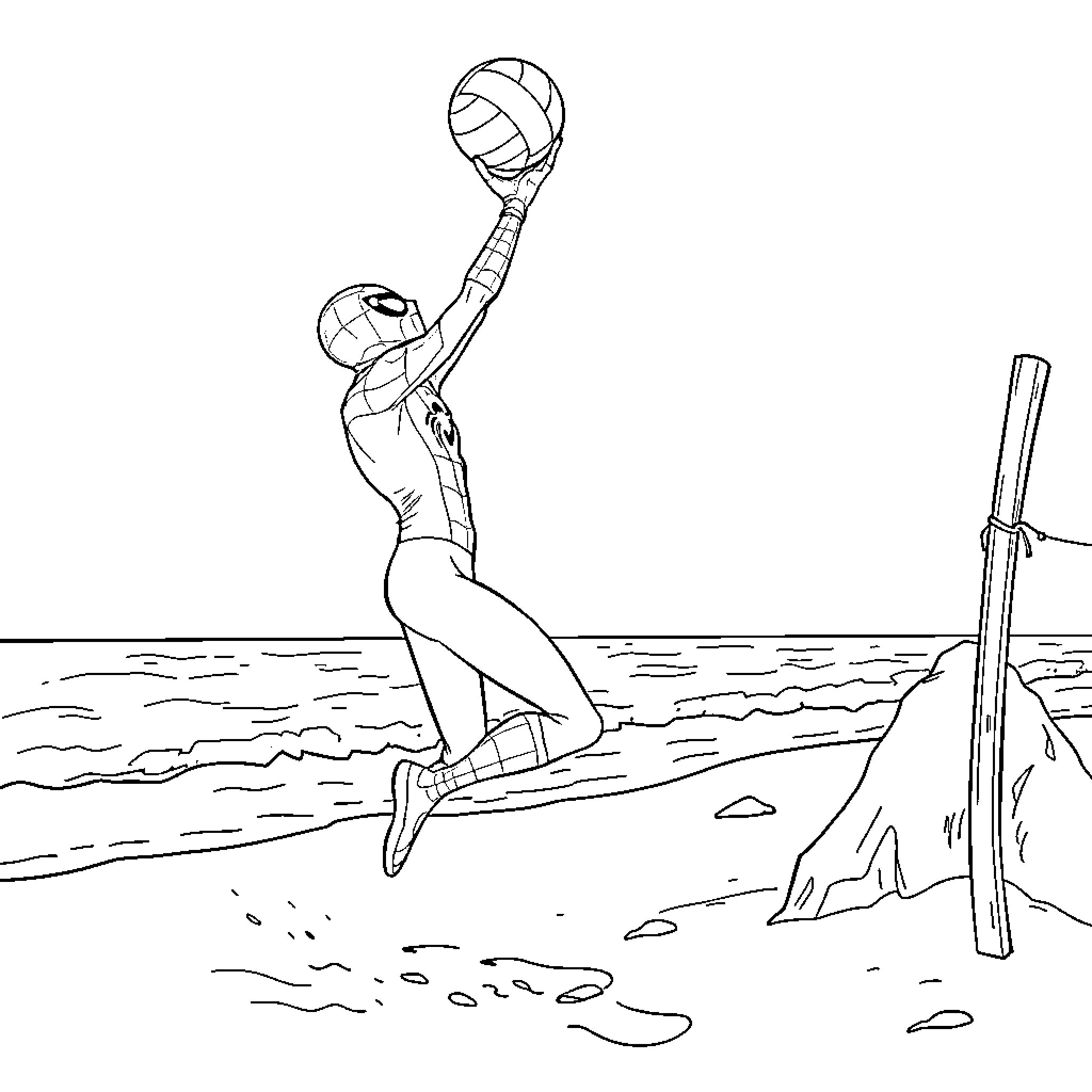 Spiderman Leaps Over Beach Obstacles Coloring Page (free black-and-white line drawing printable PDF for all, from beginners to advanced learners, including children, teens, adults, and seniors)