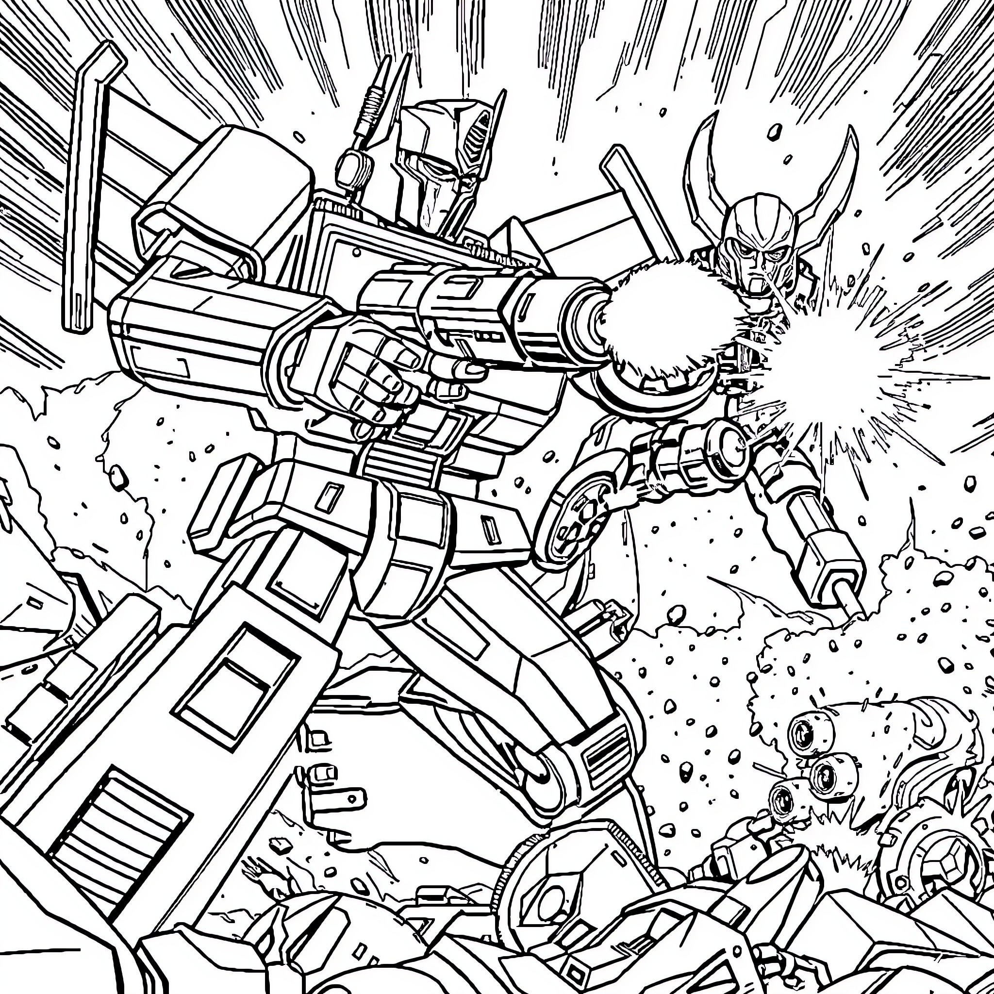Optimus Prime battling foes in an explosive scene Coloring Page (free black-and-white line drawing printable PDF for all, from beginners to advanced learners, including children, teens, adults, and seniors)
