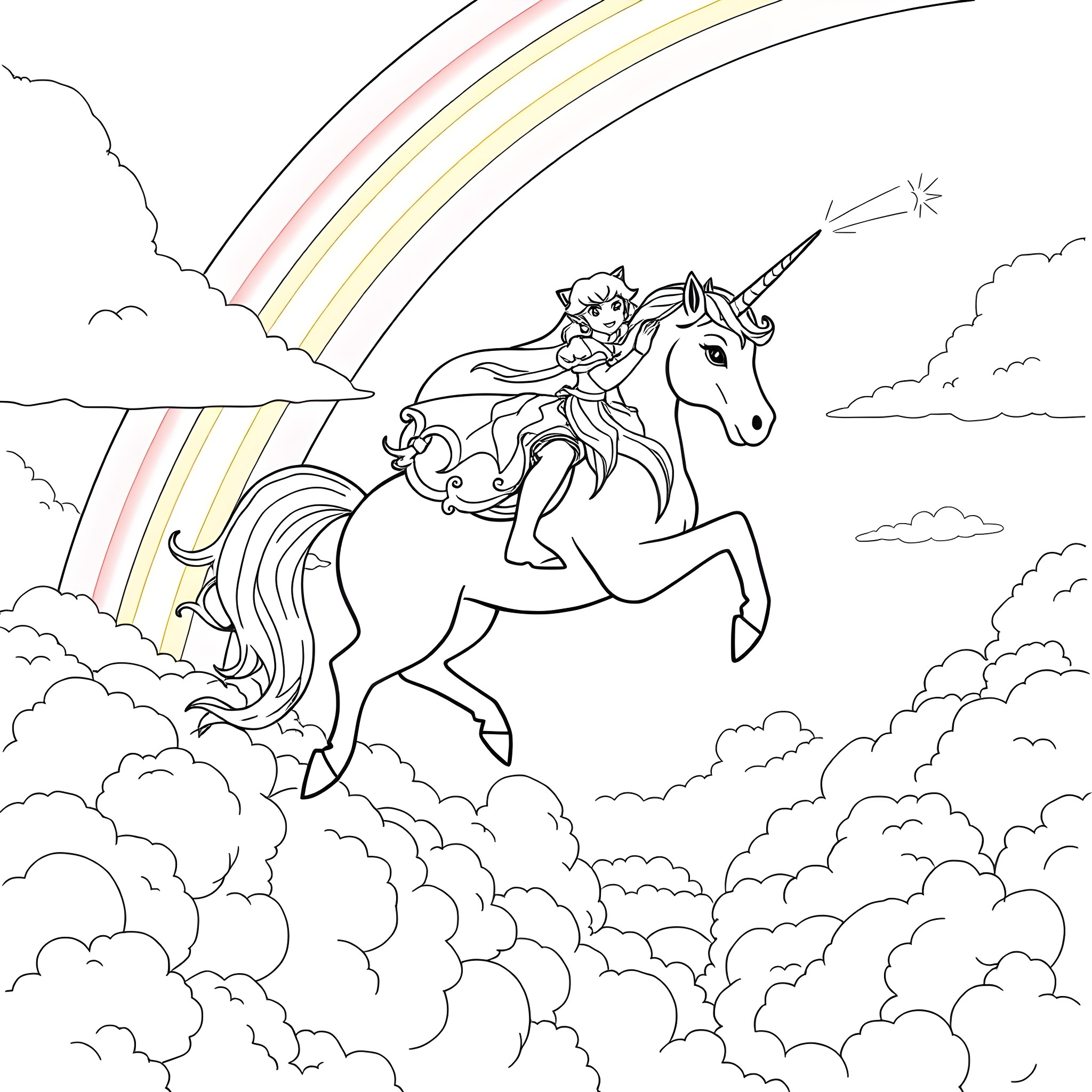Princess Riding Magical Unicorn in Cloudy Skies Coloring Page (free black-and-white line drawing printable PDF for all, from beginners to advanced learners, including children, teens, adults, and seniors)