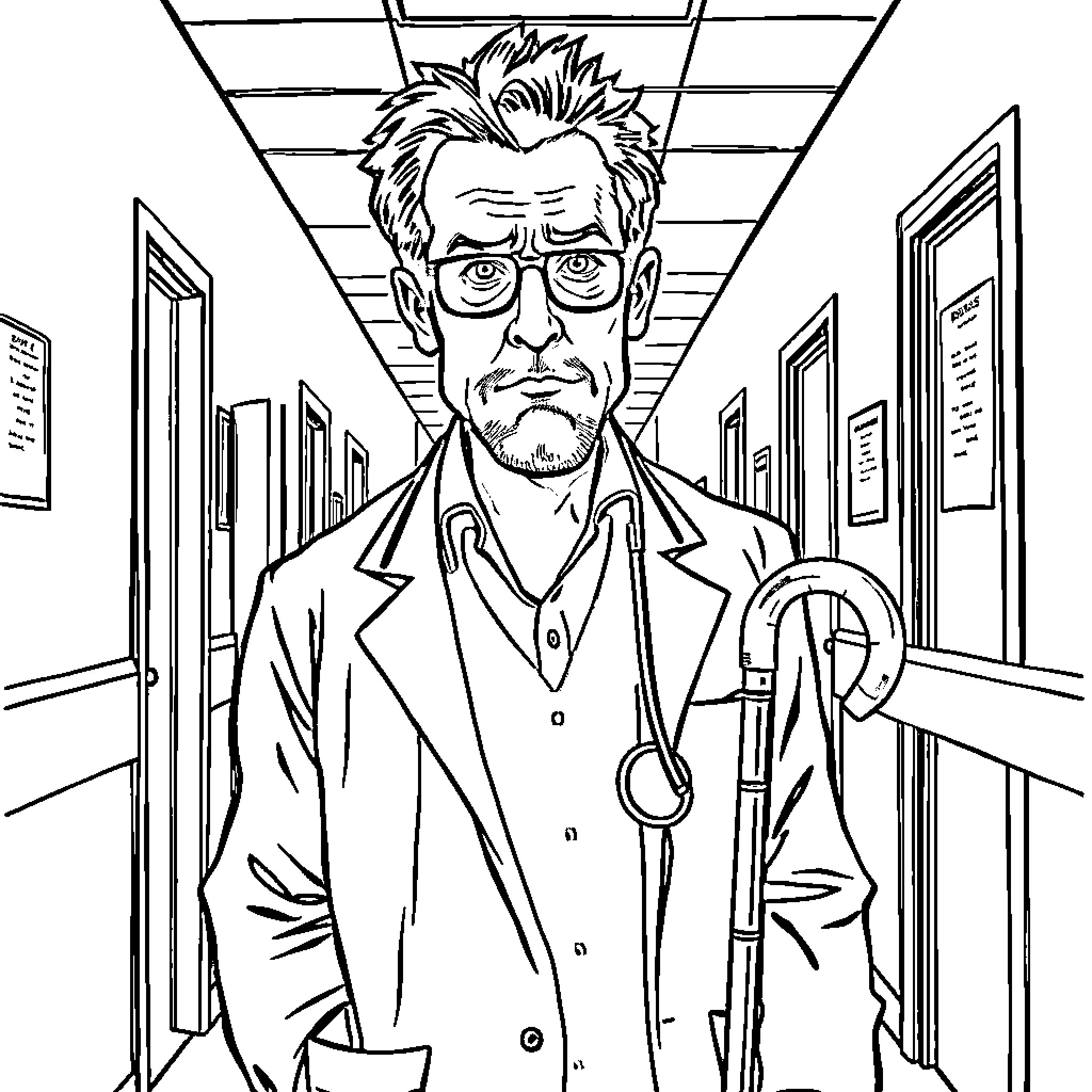 Dr. House in the Hospital Corridor Coloring Page (free black-and-white line drawing printable PDF for all, from beginners to advanced learners, including children, teens, adults, and seniors)