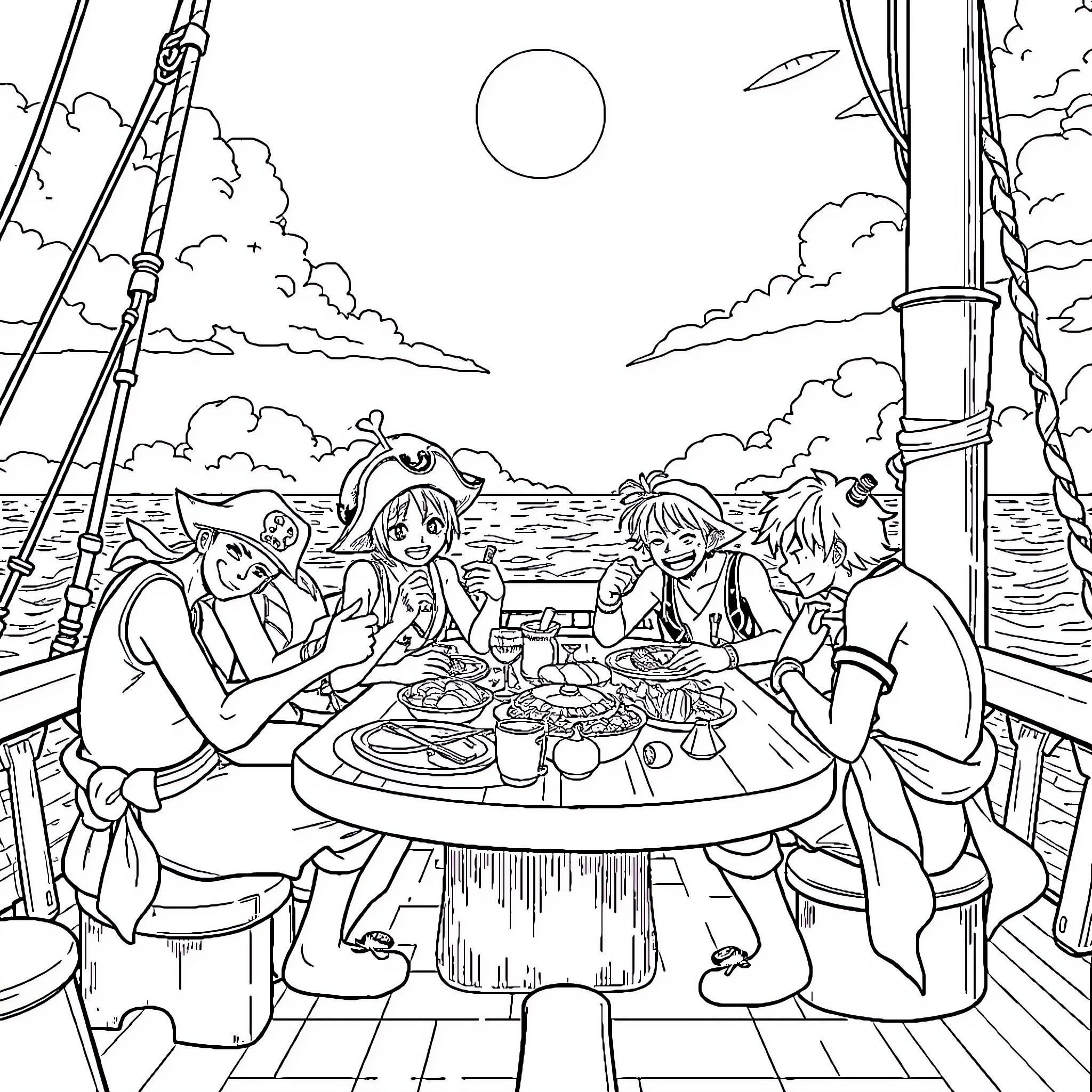Strawhat Pirate Crew Enjoying a Meal Aboard Their Ship Coloring Page (free black-and-white line drawing printable PDF for all, from beginners to advanced learners, including children, teens, adults, and seniors)
