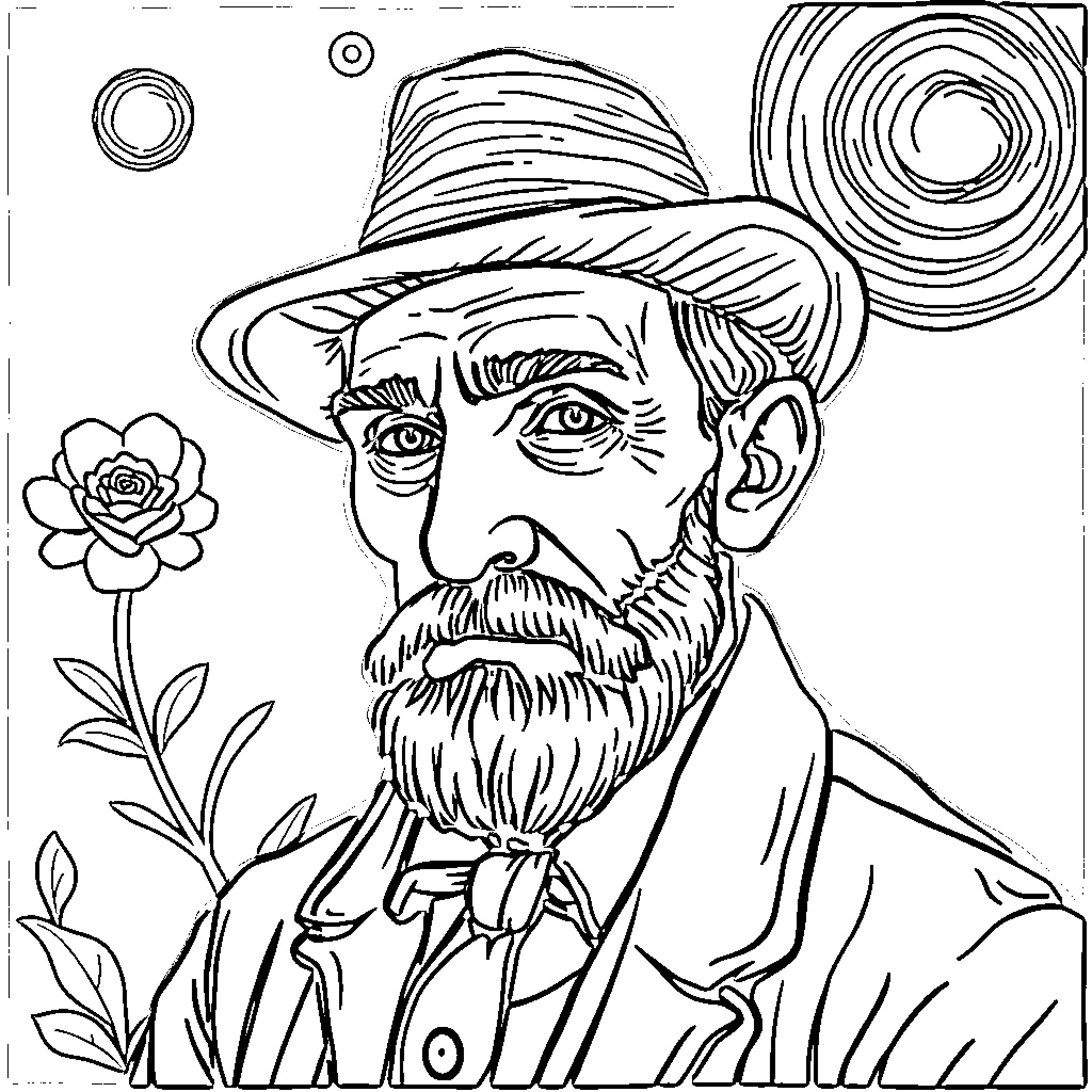 Van Gogh's Contemplative Portrait with Floral Elements Coloring Page (free black-and-white line drawing printable PDF for all, from beginners to advanced learners, including children, teens, adults, and seniors)