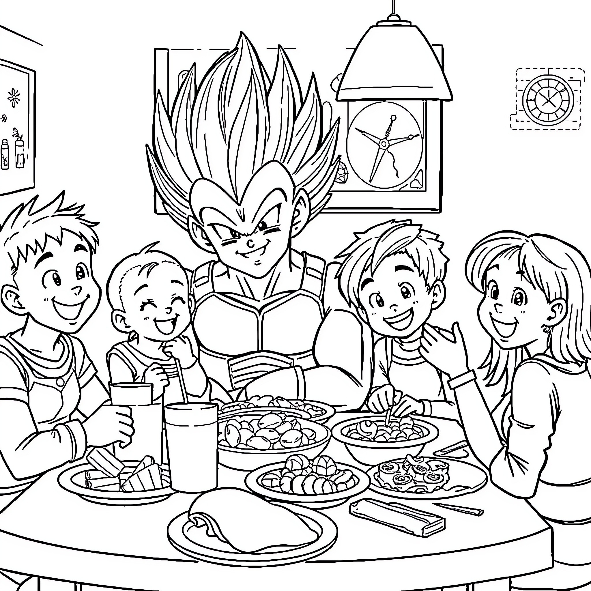 Vegeta and Family Sharing a Meal Together Coloring Page (free black-and-white line drawing printable PDF for all, from beginners to advanced learners, including children, teens, adults, and seniors)