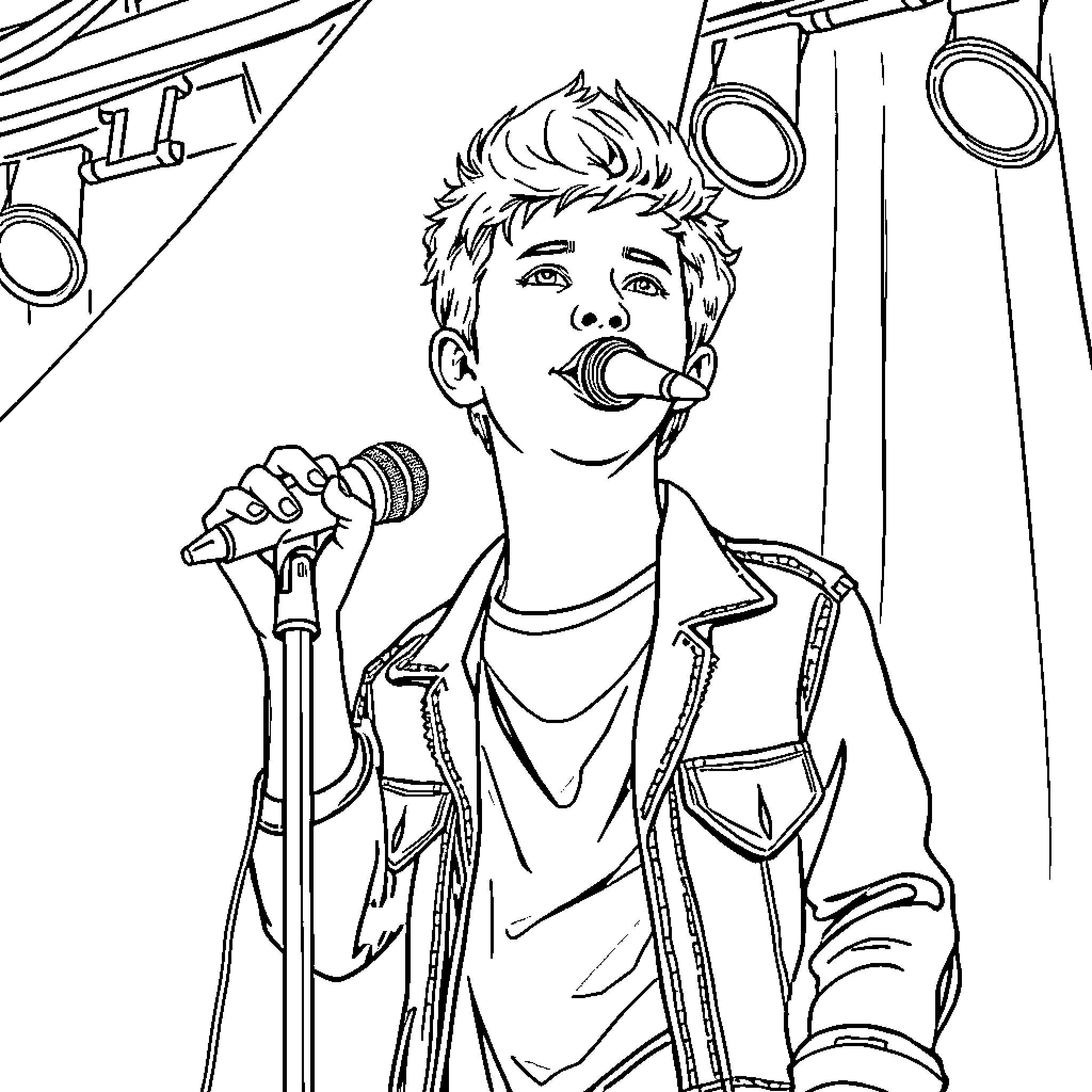Bailey Zimmerman performing on stage with microphone Coloring Page (free black-and-white line drawing printable PDF for all, from beginners to advanced learners, including children, teens, adults, and seniors)