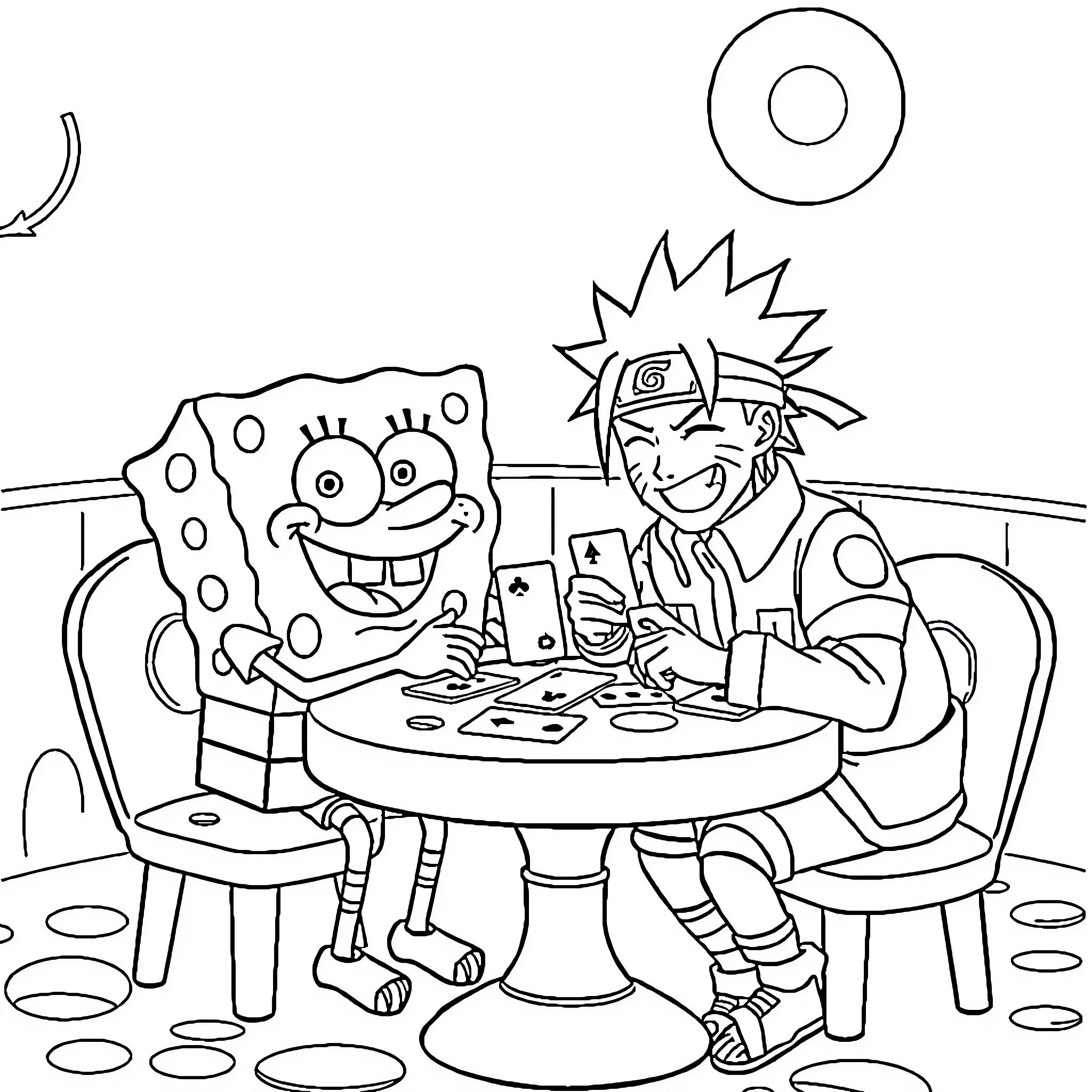 Spongebob and Naruto enjoying a meal together Coloring Page (free black-and-white line drawing printable PDF for all, from beginners to advanced learners, including children, teens, adults, and seniors)