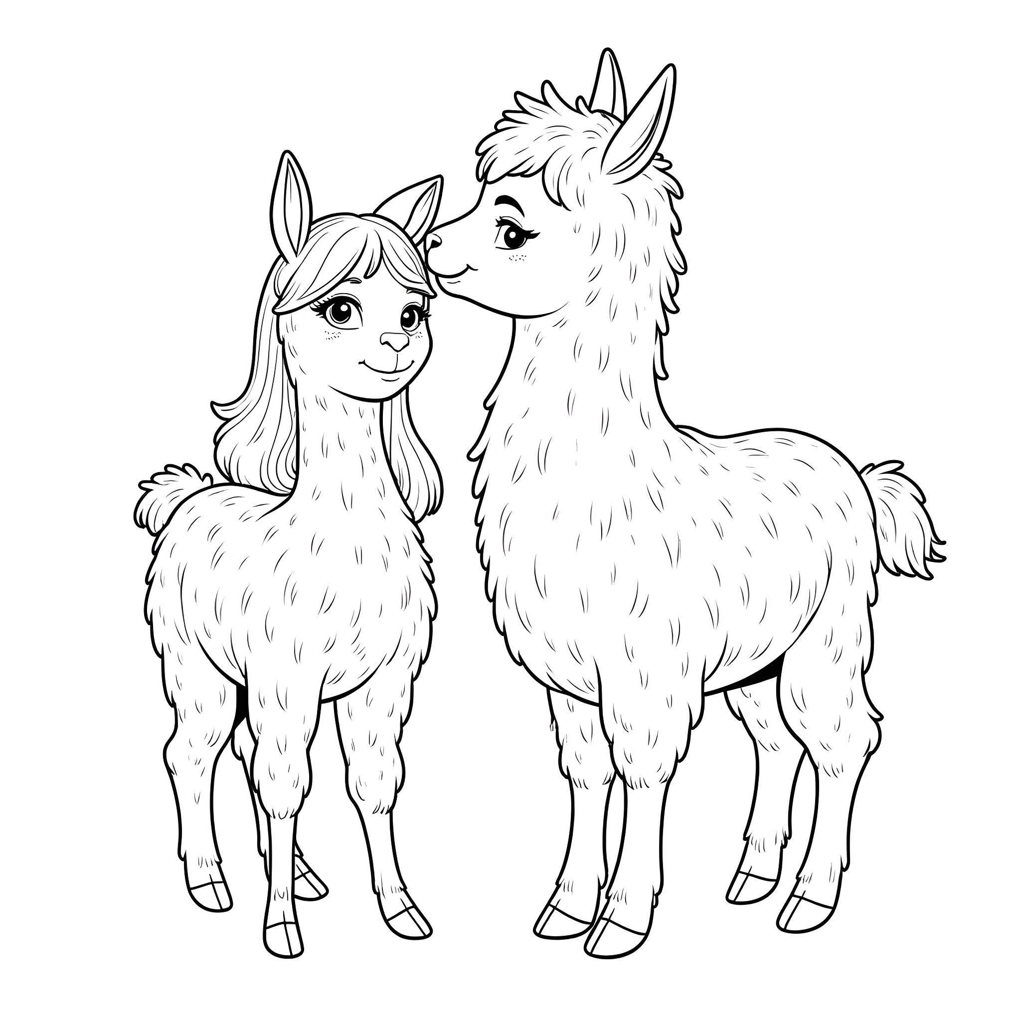 Llama companions gazing affectionately Coloring Page (free black-and-white line drawing printable PDF for all, from beginners to advanced learners, including children, teens, adults, and seniors)