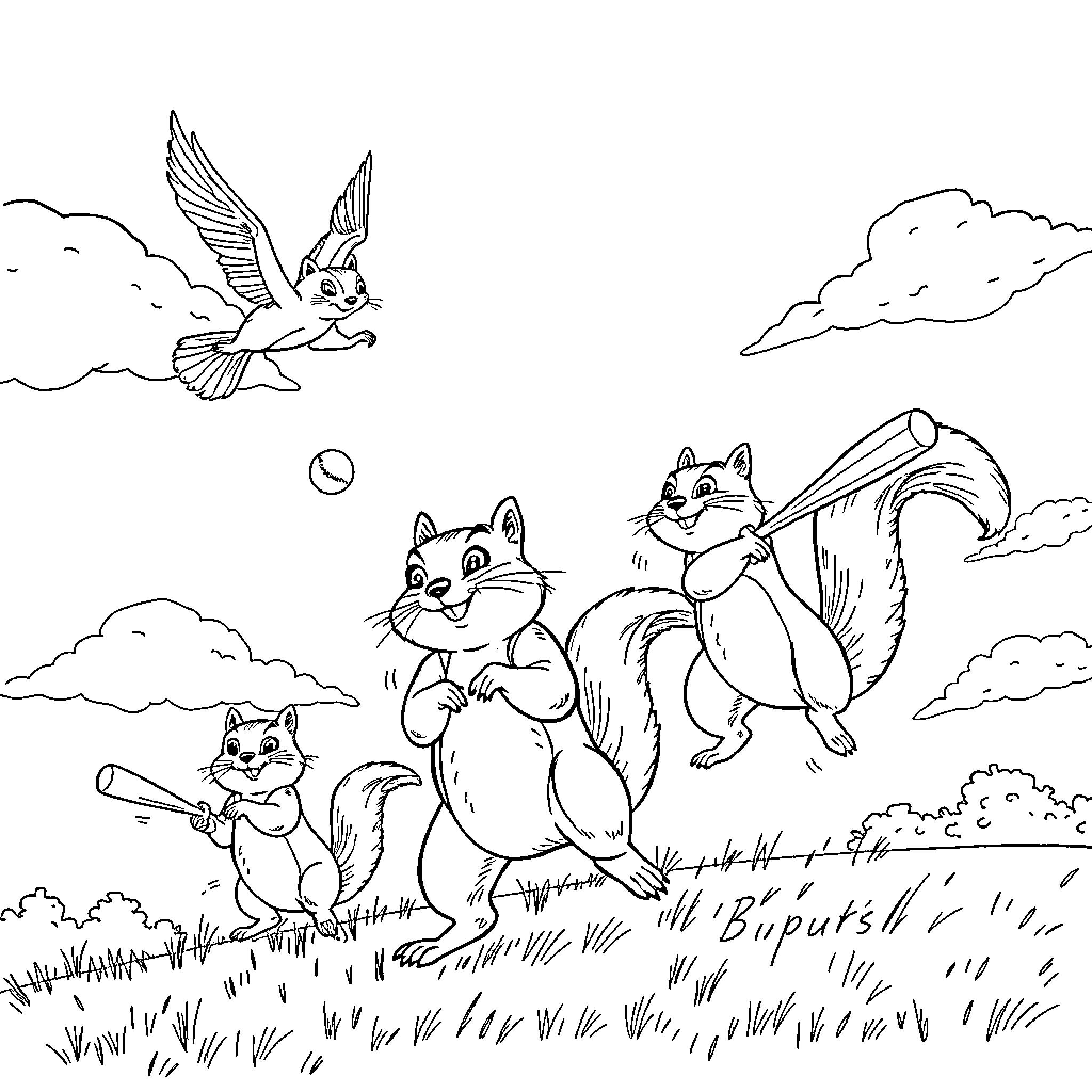 Flying Squirrels Playing Joyfully in the Forest Coloring Page (free black-and-white line drawing printable PDF for all, from beginners to advanced learners, including children, teens, adults, and seniors)