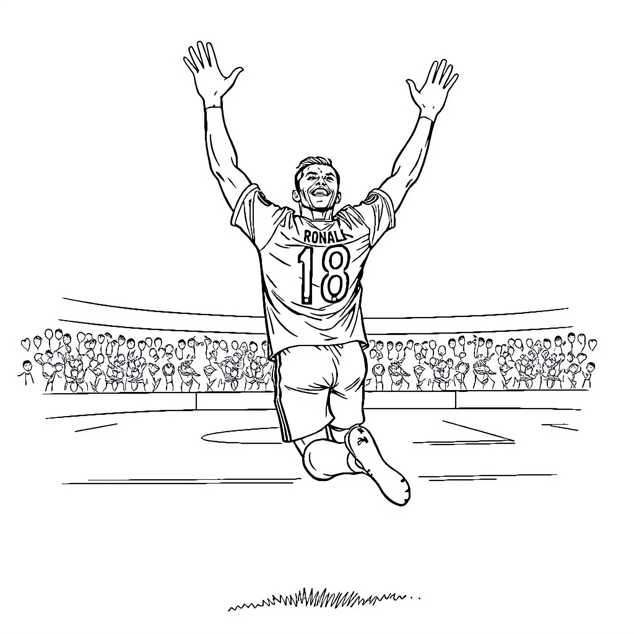 Ronaldo celebrating victory on the field Coloring Page (free black-and-white line drawing printable PDF for all, from beginners to advanced learners, including children, teens, adults, and seniors)
