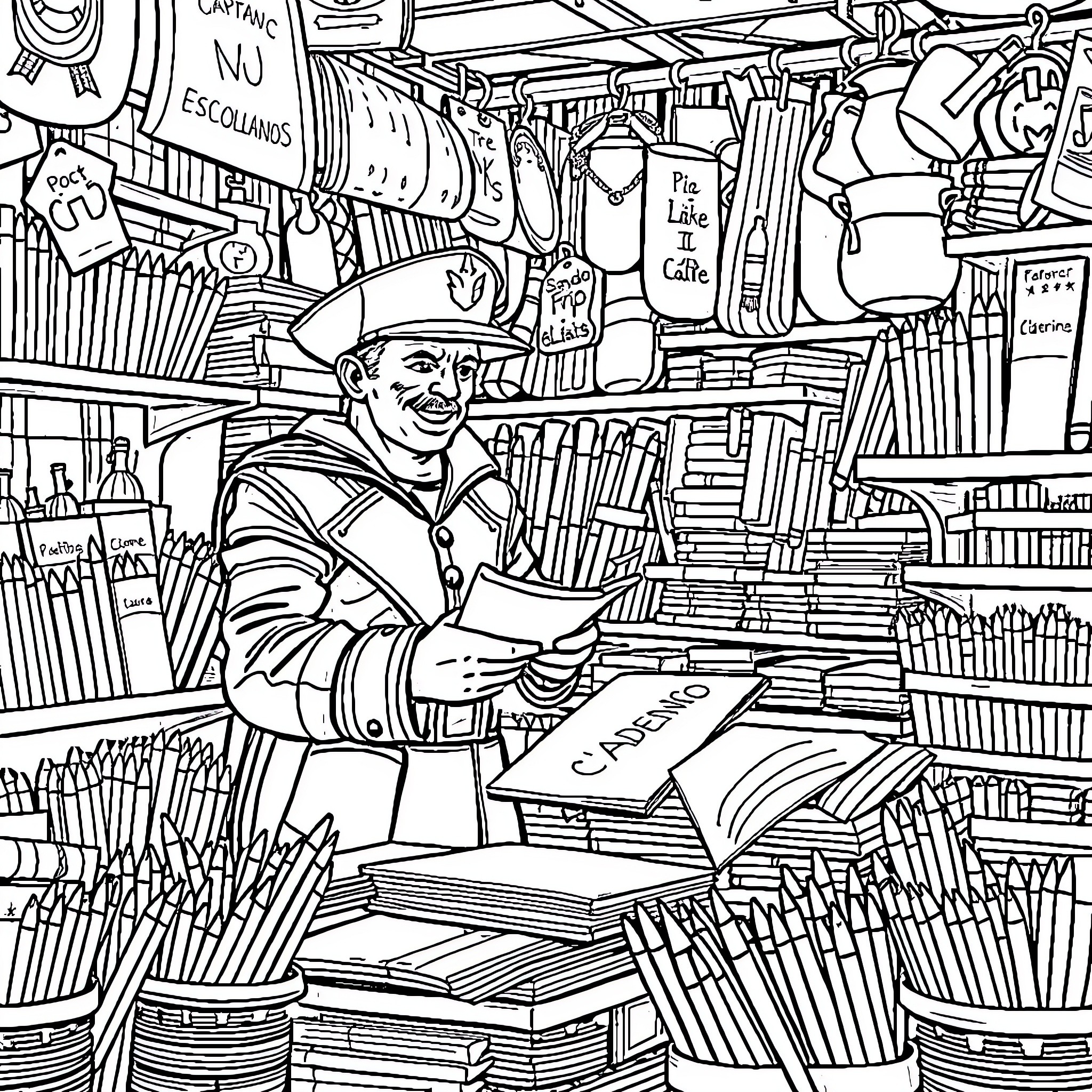 Captain America at the Vintage Newsstand Coloring Page (free black-and-white line drawing printable PDF for all, from beginners to advanced learners, including children, teens, adults, and seniors)