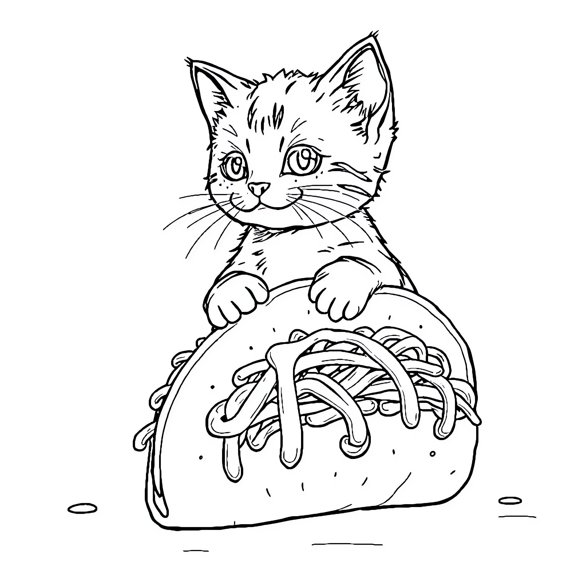 Cat in a Taco Dish Coloring Page (free black-and-white line drawing printable PDF for all, from beginners to advanced learners, including children, teens, adults, and seniors)