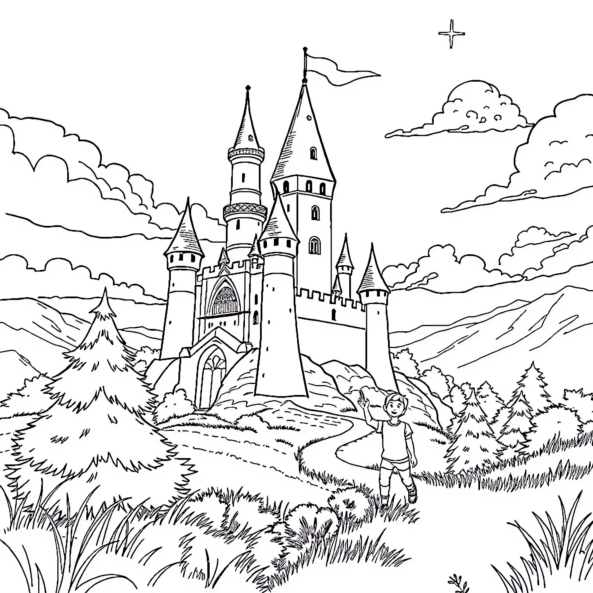 Castle on a Majestic Hill Coloring Page (free black-and-white line drawing printable PDF for all, from beginners to advanced learners, including children, teens, adults, and seniors)