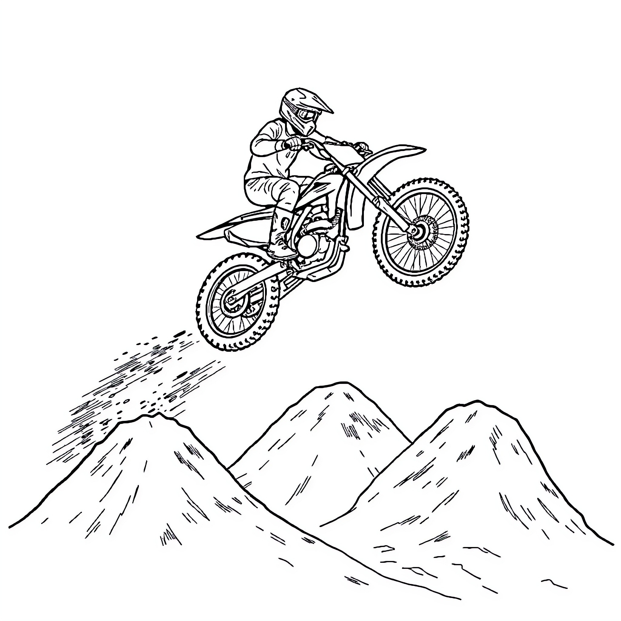 Dirt Bike Jumps Over Rocky Mountainous Terrain Coloring Page (free black-and-white line drawing printable PDF for all, from beginners to advanced learners, including children, teens, adults, and seniors)