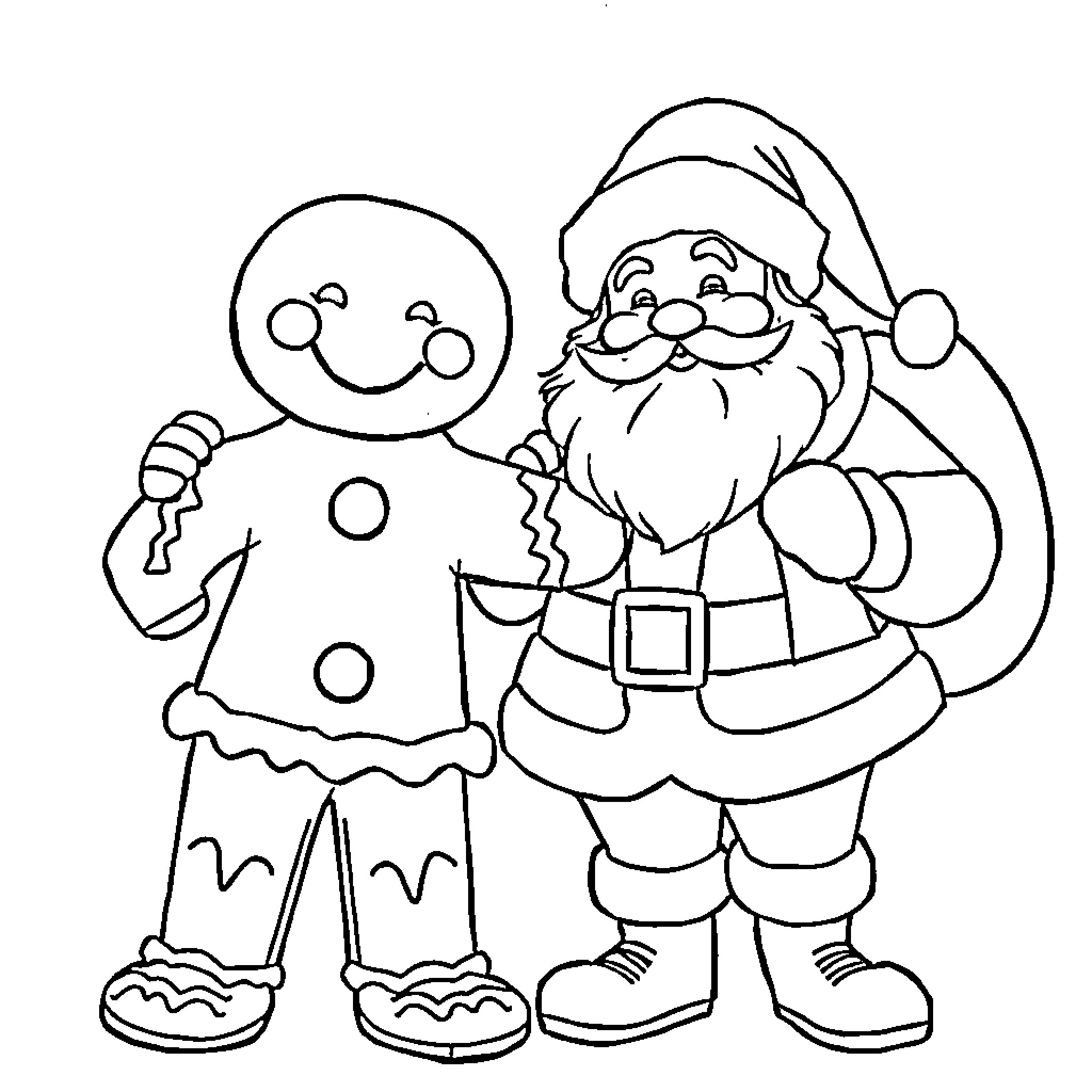 Gingerbread Man and Santa Claus sharing holiday cheer Coloring Page (free black-and-white line drawing printable PDF for all, from beginners to advanced learners, including children, teens, adults, and seniors)