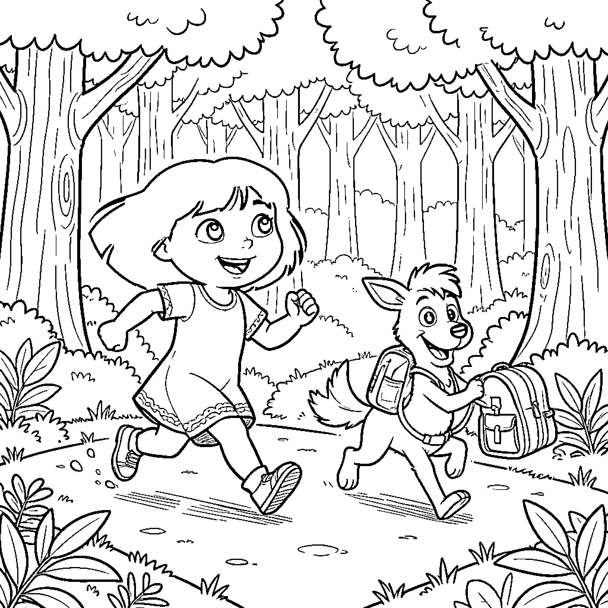 Dora running happily through the forest with her dog Coloring Page (free black-and-white line drawing printable PDF for all, from beginners to advanced learners, including children, teens, adults, and seniors)