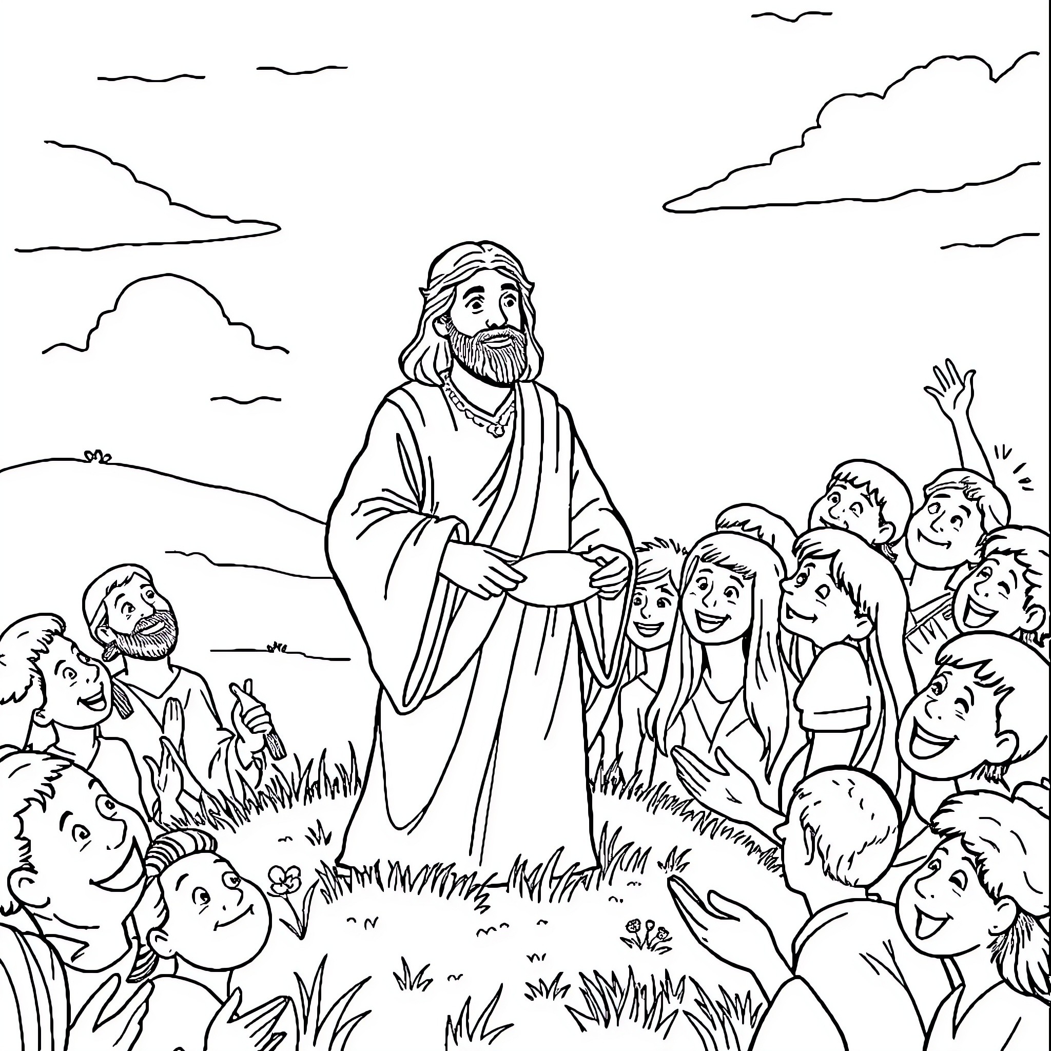 Jesus teaches and blesses the crowd Coloring Page (free black-and-white line drawing printable PDF for all, from beginners to advanced learners, including children, teens, adults, and seniors)