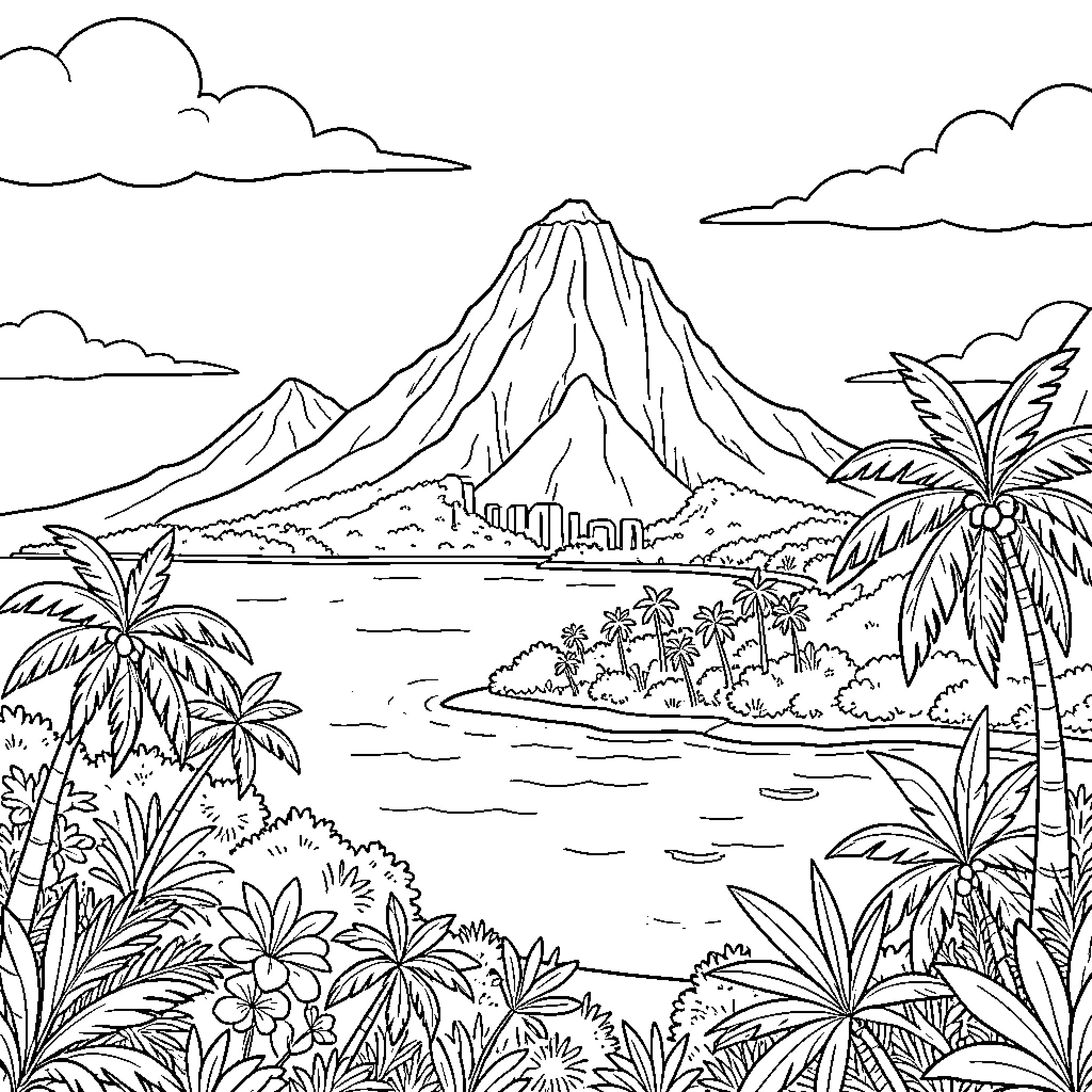 Reunion Island landscape with tropical plants and mountains Coloring Page (free black-and-white line drawing printable PDF for all, from beginners to advanced learners, including children, teens, adults, and seniors)