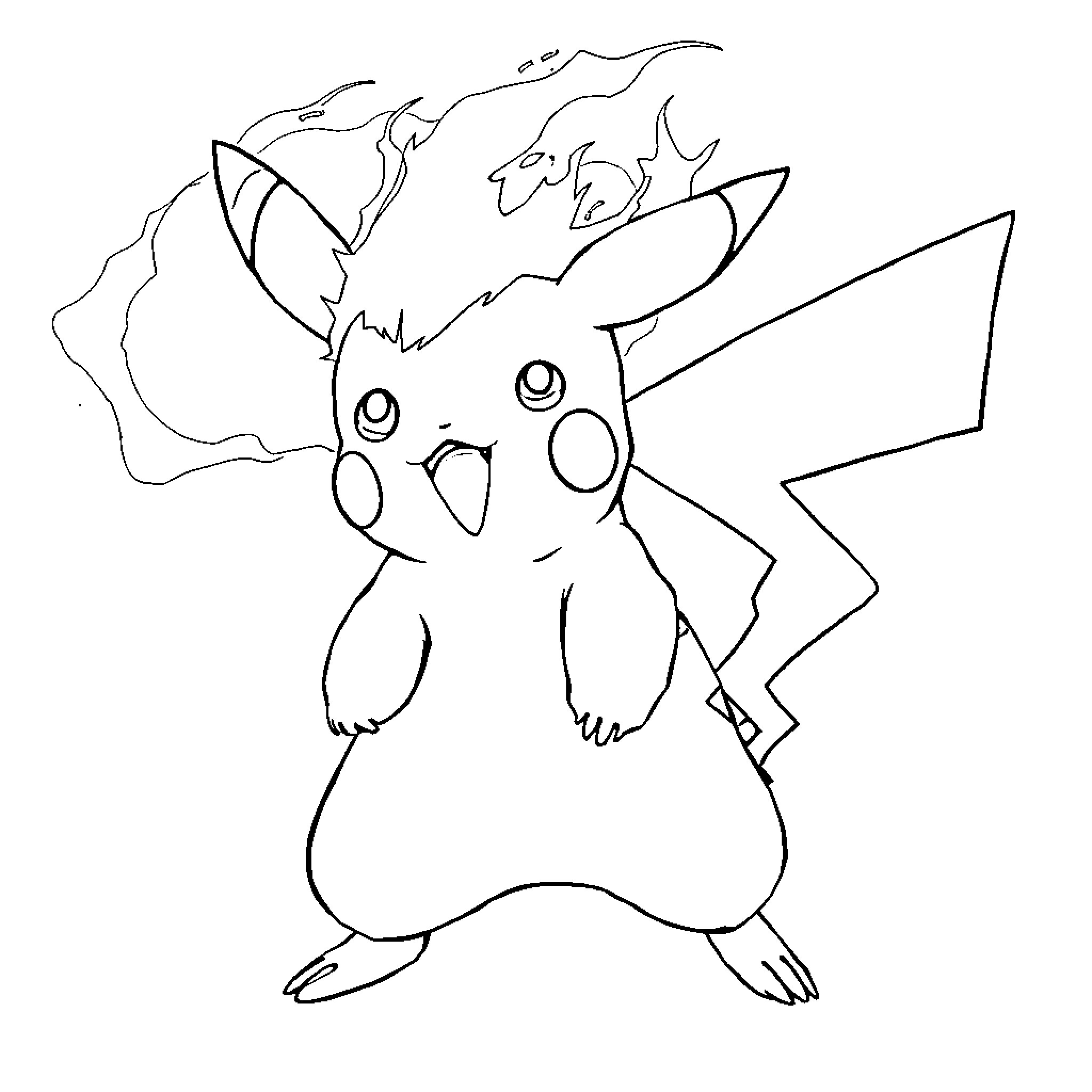 Pikachu Striking an Energetic Pose Coloring Page (free black-and-white line drawing printable PDF for all, from beginners to advanced learners, including children, teens, adults, and seniors)
