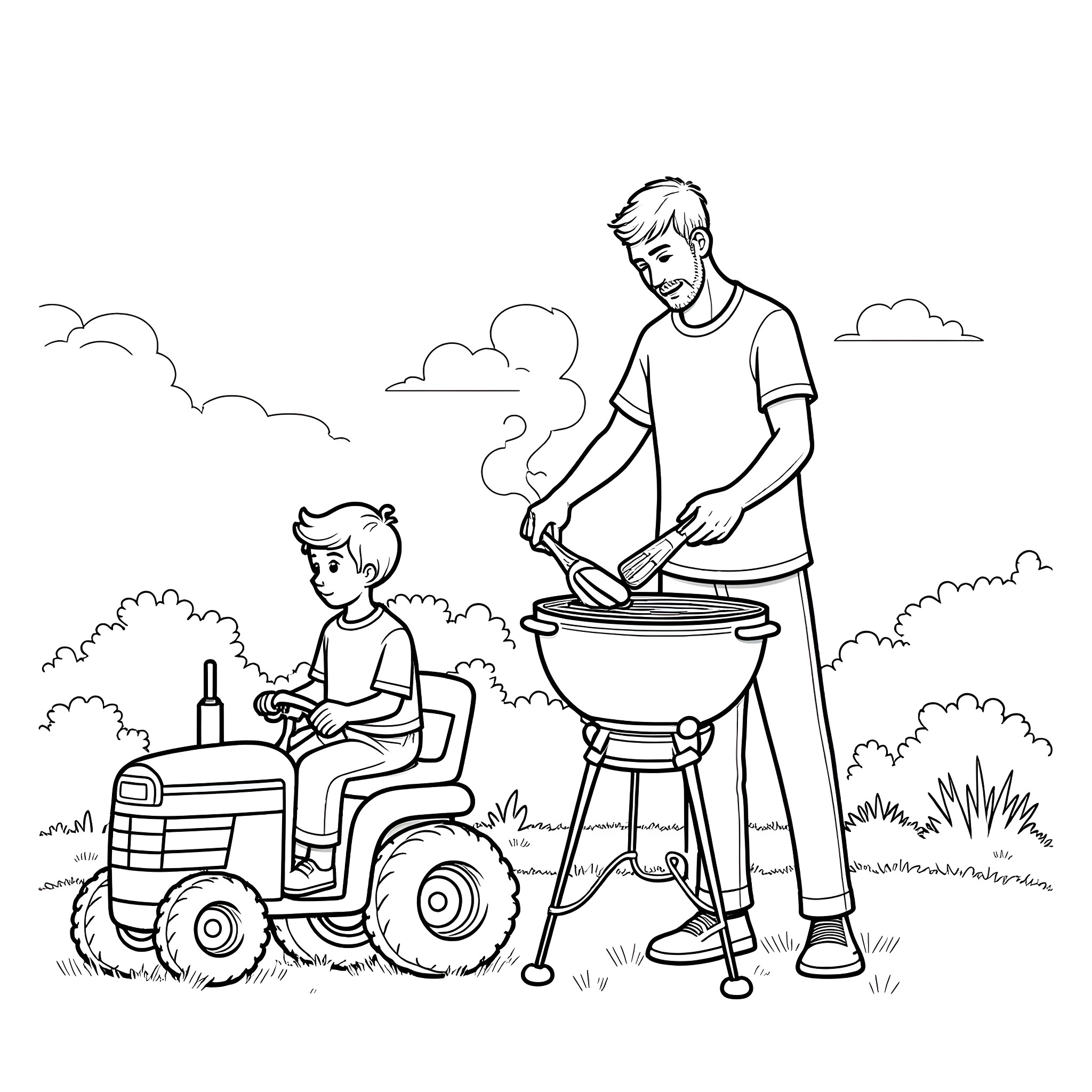 Dad grilling outdoors with son driving tractor Coloring Page (free black-and-white line drawing printable PDF for all, from beginners to advanced learners, including children, teens, adults, and seniors)