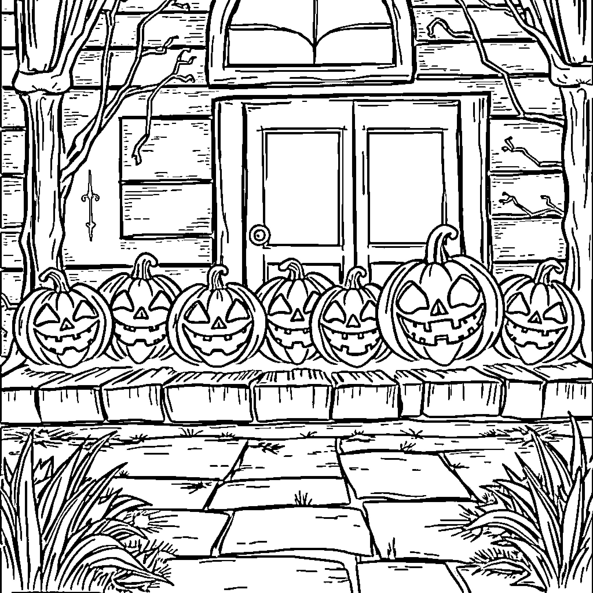 Jack-o'-lanterns lined up on a porch Coloring Page (free black-and-white line drawing printable PDF for all, from beginners to advanced learners, including children, teens, adults, and seniors)