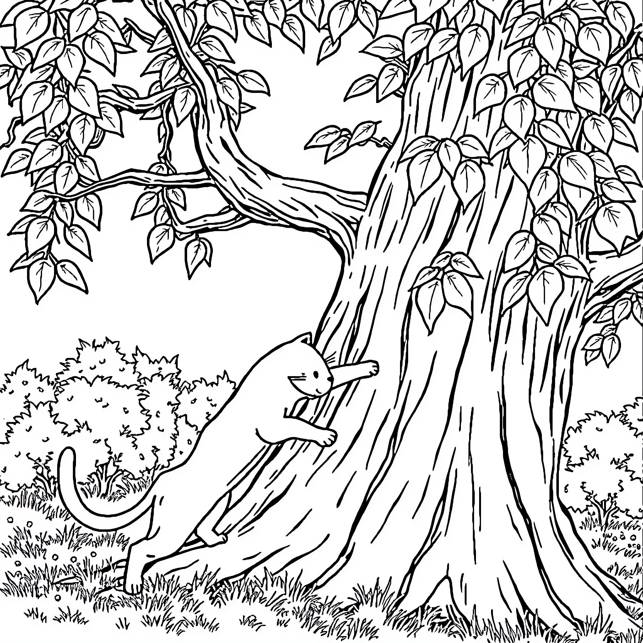 Cat climbing up a tree in a lush forest Coloring Page (free black-and-white line drawing printable PDF for all, from beginners to advanced learners, including children, teens, adults, and seniors)