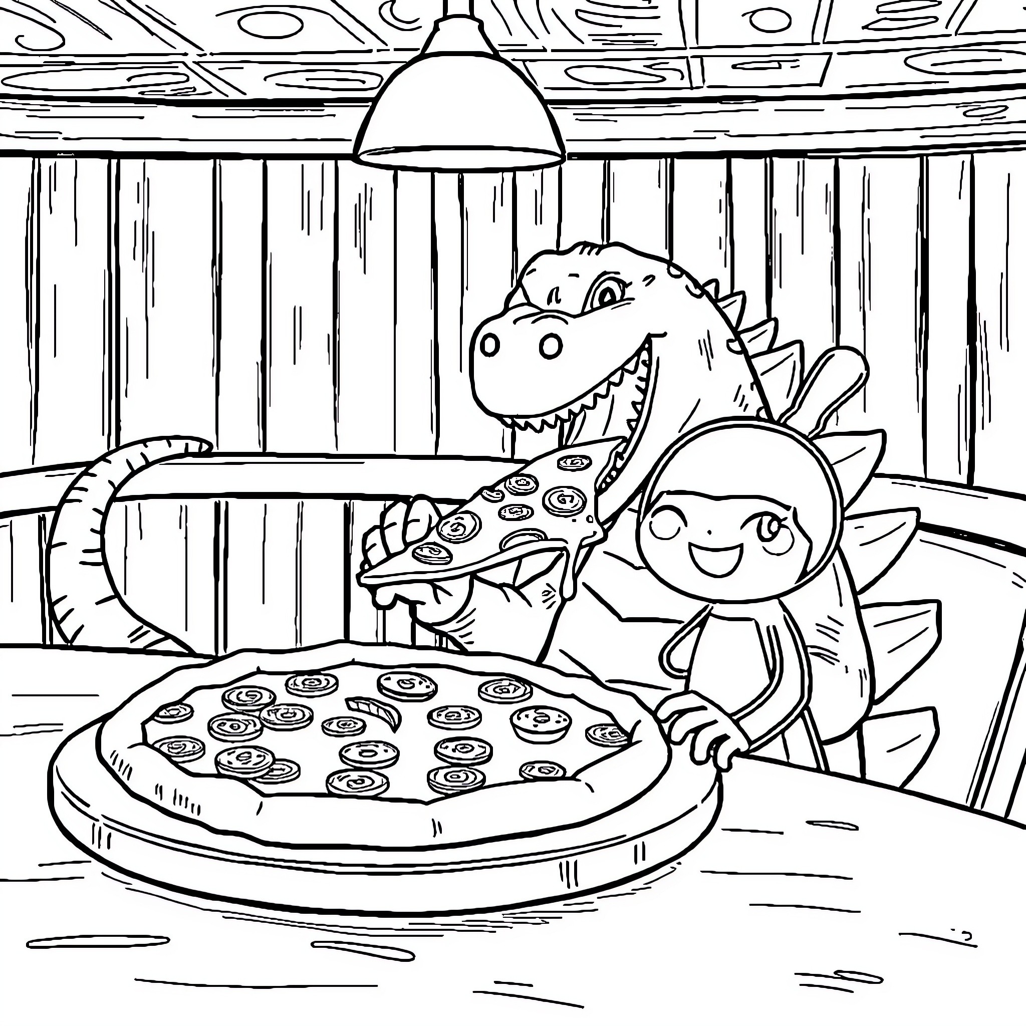 Godzilla and child enjoying pizza party Coloring Page (free black-and-white line drawing printable PDF for all, from beginners to advanced learners, including children, teens, adults, and seniors)