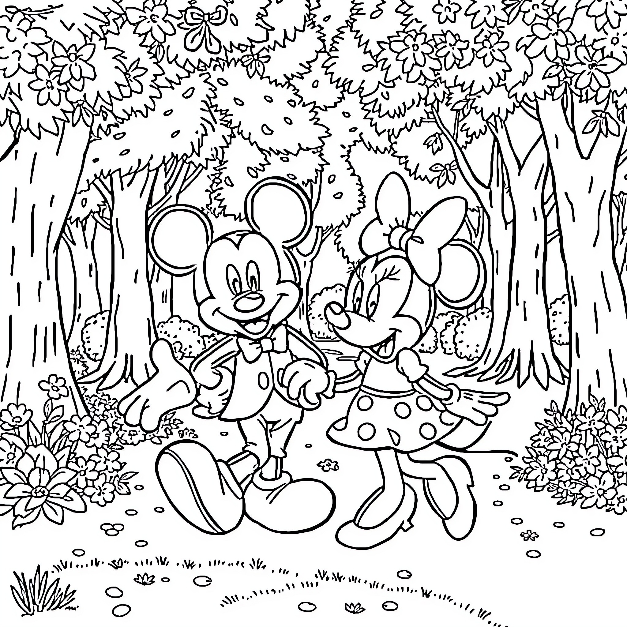Mickey and Minnie's Romantic Stroll in the Forest Coloring Page (free black-and-white line drawing printable PDF for all, from beginners to advanced learners, including children, teens, adults, and seniors)